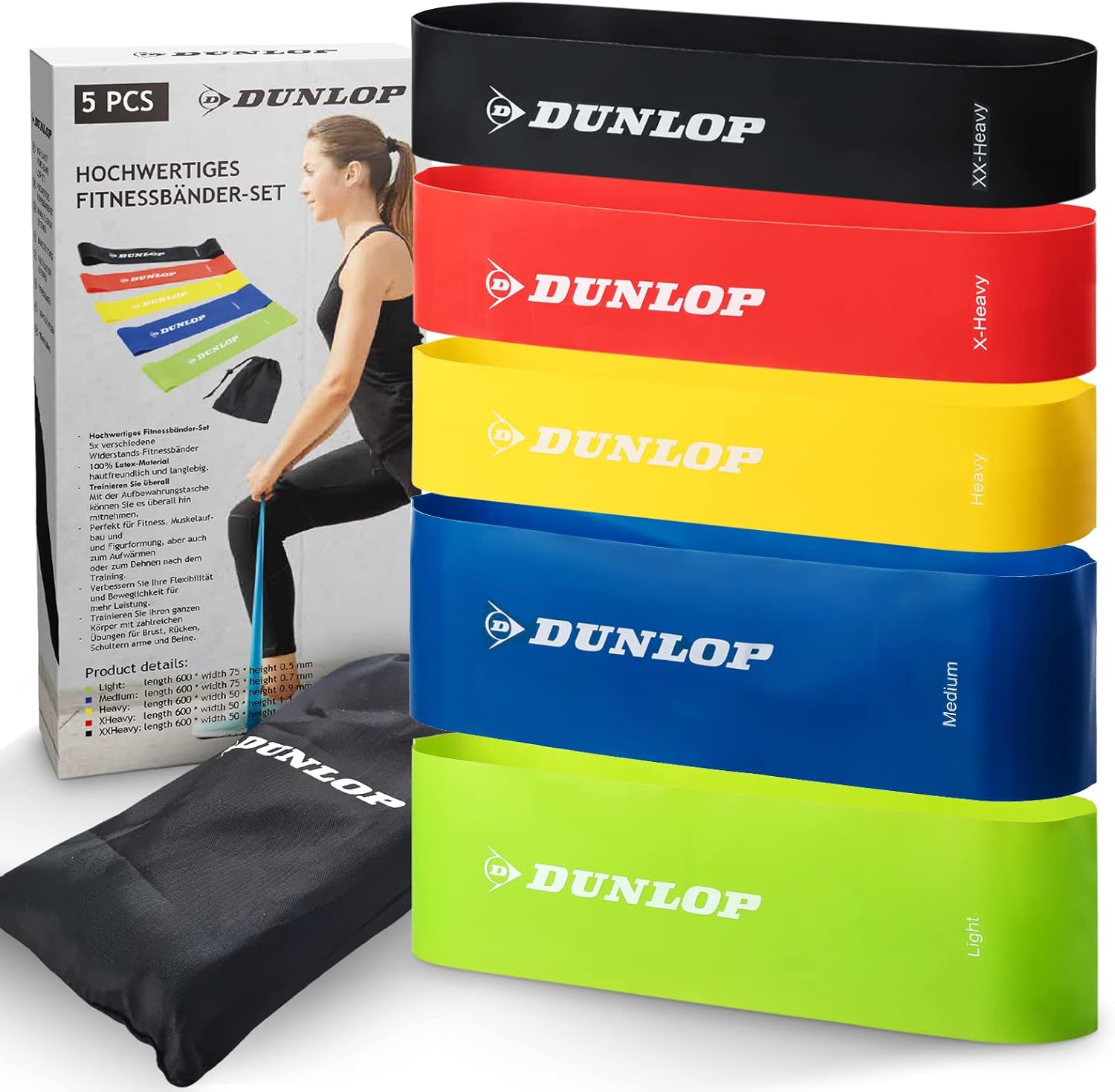 Dunlop Fitness Band Fitnessbänder Set – 5 Widerstandsbänder für schnelle Krafttrainingserfolge – Premium Widerstandsbänder in 5 Stufen als LongLife+ Latexbänder Set