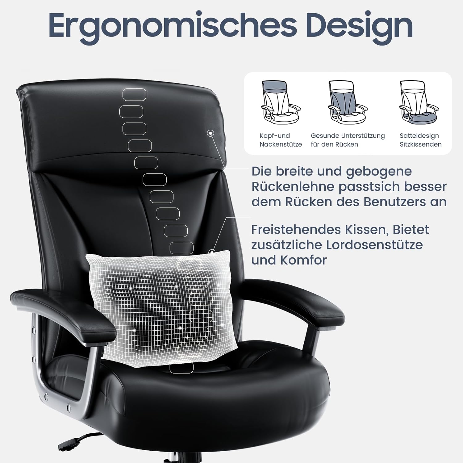 Ergonomischer Bürostuhl, 200 kg, Schreibtischstuhl, Computerstuhl, hohe Rückenlehne, ergonomischer Stuhl, höhenverstellbar, 360° drehbar, schwarzes kratzfestes Leder, (aktualisiert) – Bild 4