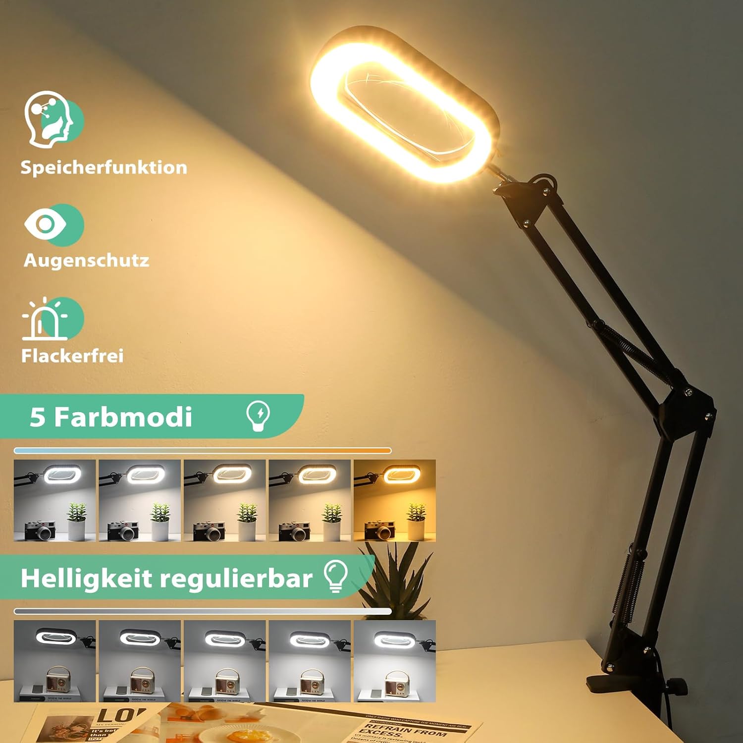 Drdefi 10-fache Lupe mit Licht und Klemme, Echtglas-Ständer-Beleuchtungslupe, 5 Farbmodi und stufenlose Dimmbarkeit, LED-Schreibtischlampe, freihändig für Basteln, Hobbys, Lesen, Malen, Nähen und Naharbeiten – Bild 3