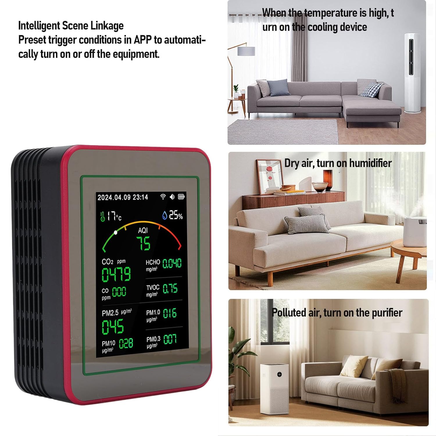 15-in-1-Luftqualitätsmonitor, tragbarer WiFi-Luftqualitätsmessgerät-Detektor mit CO2-TVOC-HCHO-PM2,5-Temperatur-Feuchtigkeitserkennung, 2,8-Zoll-LCD-Digitalanzeige für Zuhause (Schwarz + Rot) – Bild 4