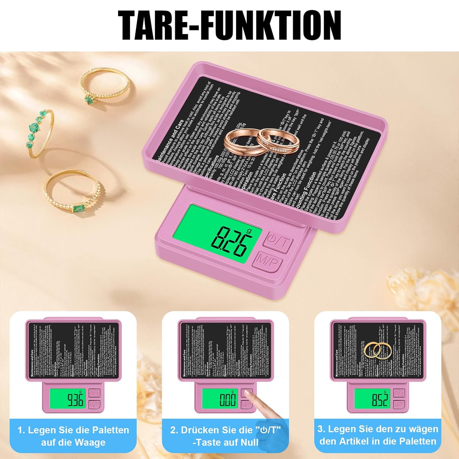 Diyife Taschenwaage 1000 g/0,01 g, digitale Grammwaage mit 7 Einheiten, Präzisions-Miniwaage, Multifunktions-Münzwaage, Präzisionswaage für Küche, Lebensmittel, Pulver, Schmuck, Kräuter, Hefe – Rosa – Bild 5