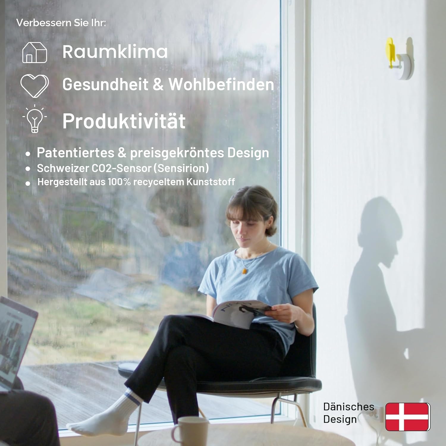 Birdie 2.0 – Design-CO2-Messgerät für den Innenbereich – Luftqualitätsmonitor für Zuhause & Büro – Fördert die Gesundheit – Modernes Wohnaccessoire – Saubere Luft reduziert Risiken (Gelb) – Bild 2