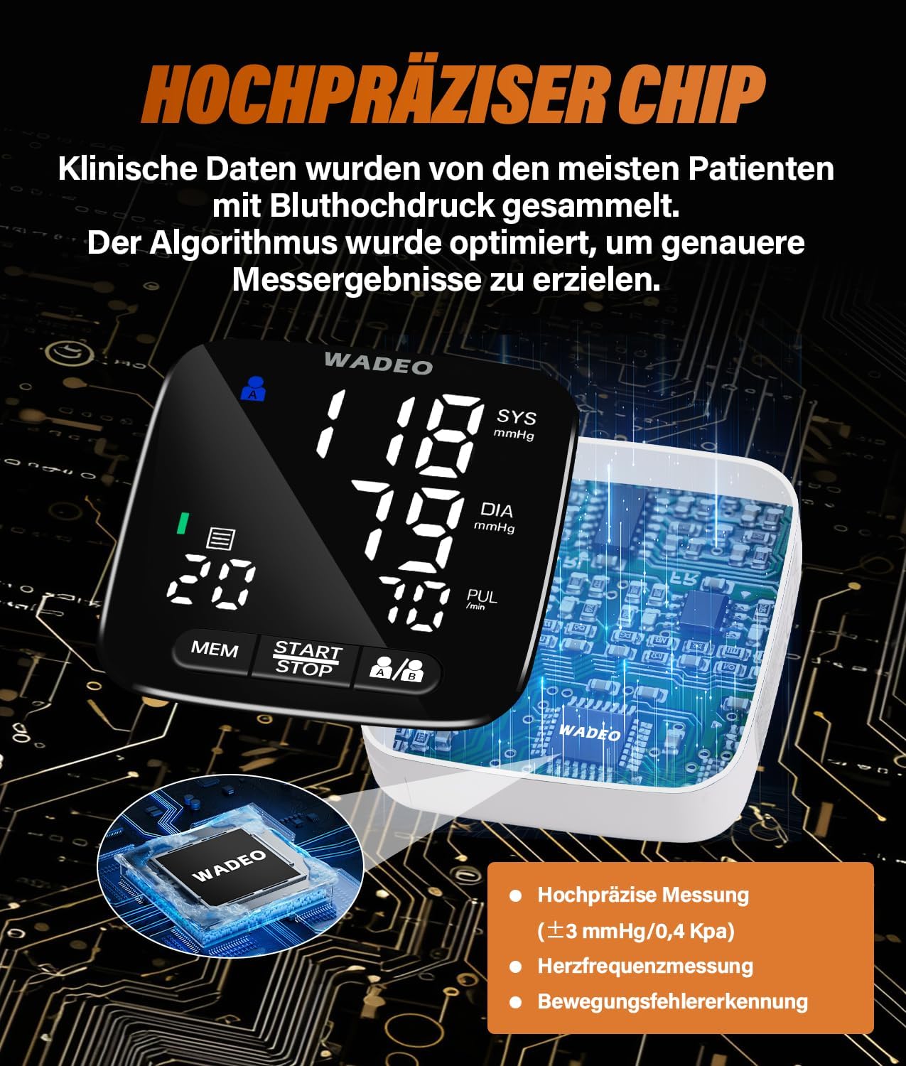 WADEO Digitales Handgelenk-Blutdruckmessgerät, 5-Sprachen-Eingabeaufforderung, Arrhythmie-Erkennung, tragbares Blutdruckmessgerät für Zuhause und unterwegs, 2 x 99 Speicher, mit Batterien und Aufbewahrungsbox – Bild 7