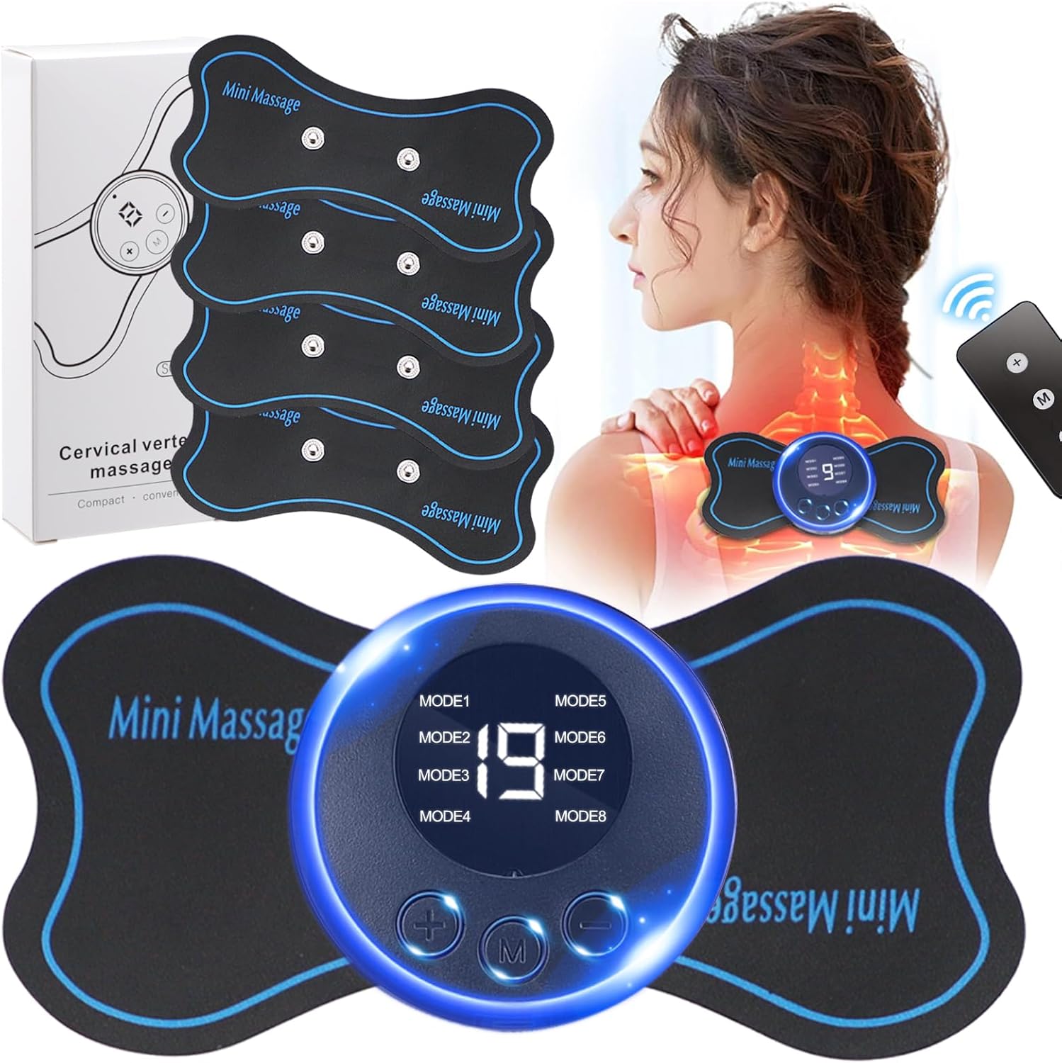2 Stück Mini-Nackenmassagegerät, Körpermassagegerät & Nackenmassagegerät, elektrisches Schultermassagegerät, Schmerzlinderung für Arme, Nacken, Rücken, Taille, Beine, 6 Pads, Fernbedienung