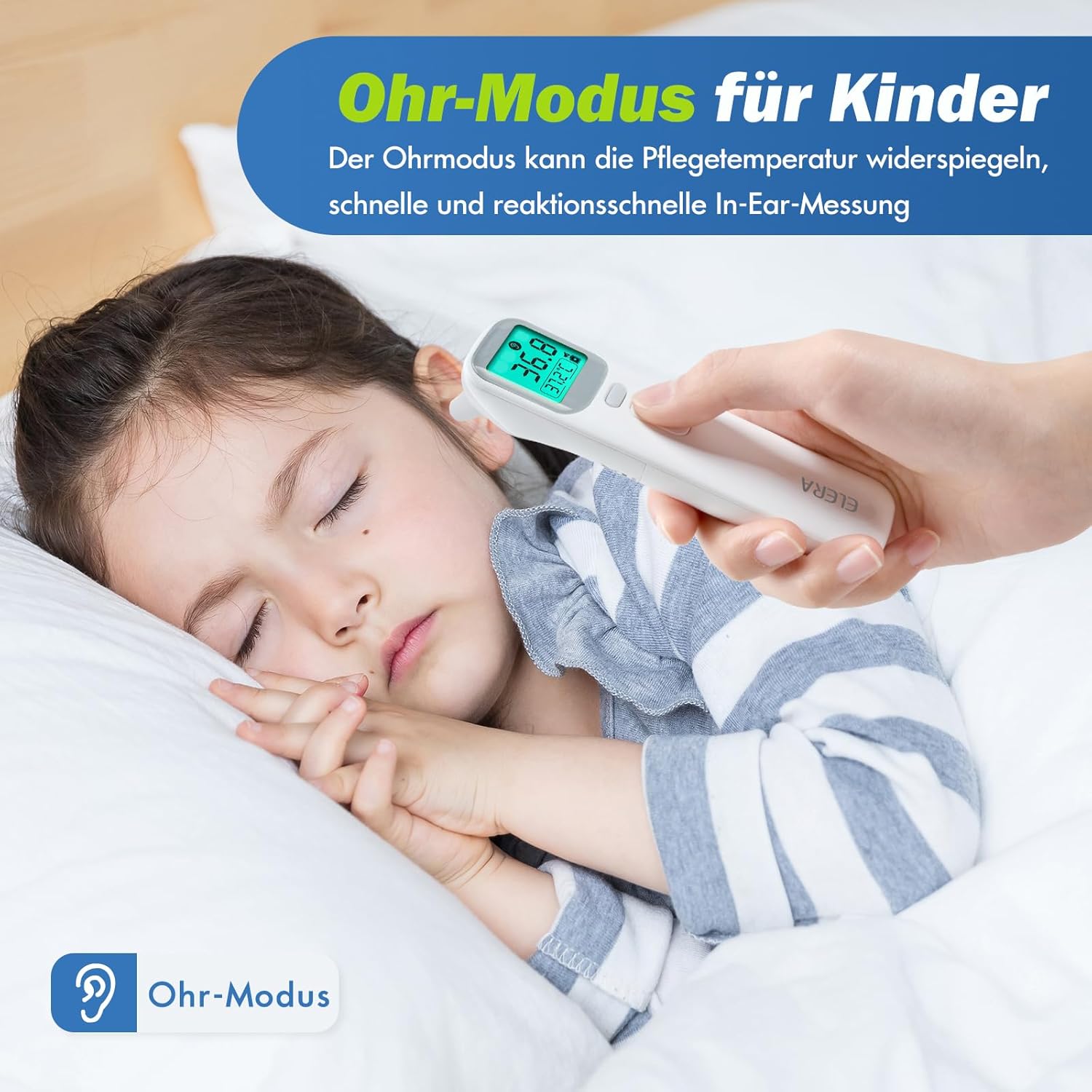 ELERA Fieberthermometer Ohr, Fieberthermometer berührungslos mit vier Messmodi und vierfarbiger Temperaturanzeige, Stirnthermometer Baby mit 1 Sekunde Messzeit und 40 Speicherfunktionen – Bild 3