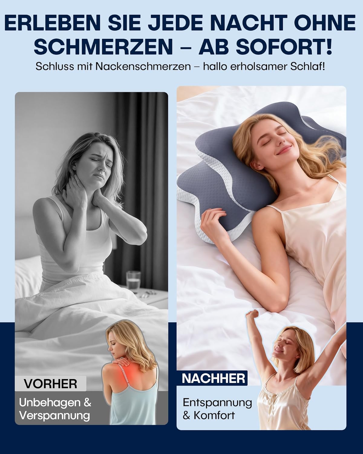 XSIVOD Orthopädisches Nackenkissen – Ergonomisches Memory-Schaum-Kissen mit kühlender Wirkung, Nackenstützkissen gegen Schmerzen, Anti-Schnarch-Kissen für Seiten-, Rücken- und Bauchschläfer, Grau – Bild 2