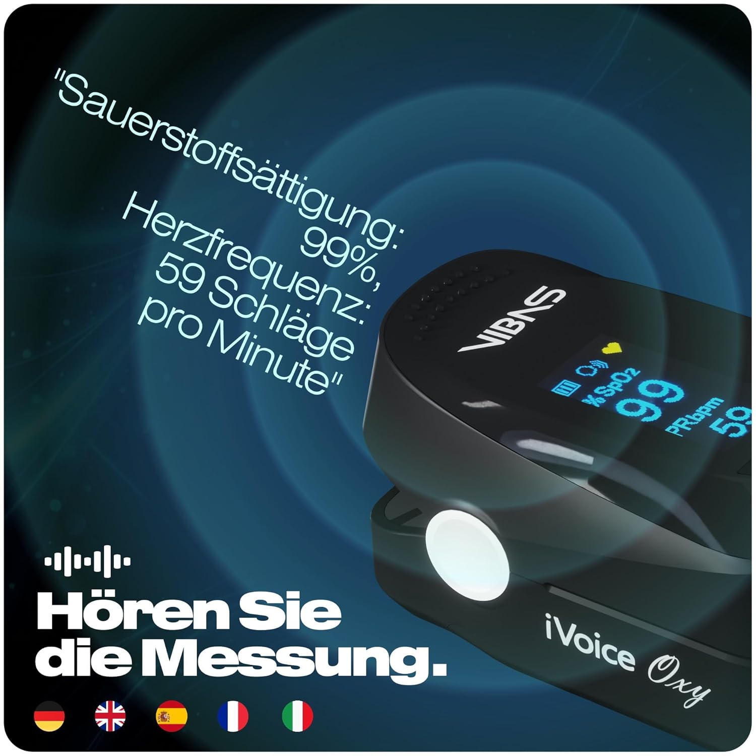 iVoice Oxy Sprechendes Pulsoximeter mit Sprachfunktion, Misst SpO₂ & Herzfrequenz, Mehrsprachig, Automatische Wiederholung, Lautstärke Einstellbar, Inkl. Batterien – Bild 2