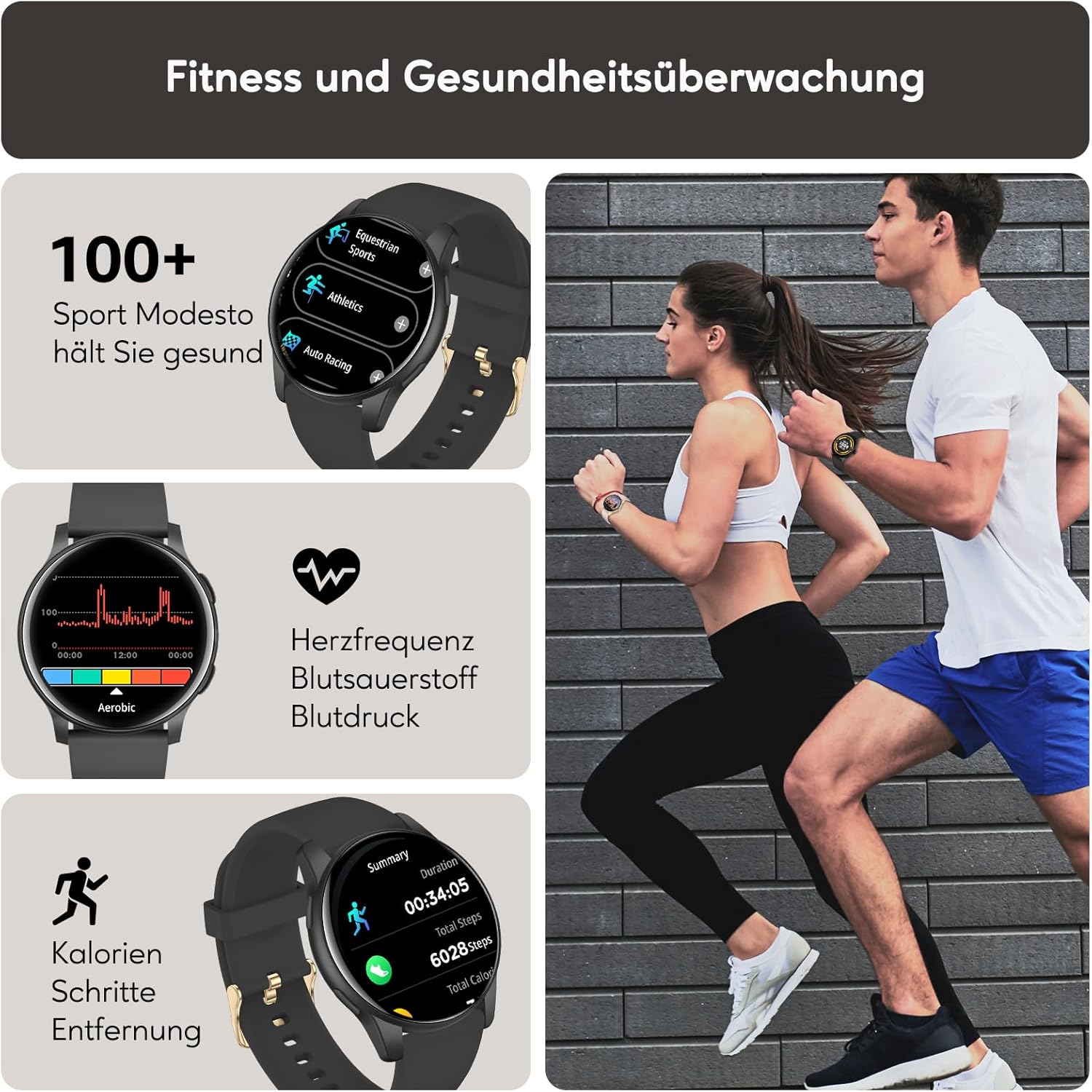 Smartwatch Damen Herren 1,38 Zoll HD-Display Smartwatch mit Bluetooth-Anrufen, Fitness-Tracker mit Herzfrequenz-SpO2-Schlafmonitor Schrittzähler IP68 wasserdichte Fitnessuhr für Android iOS Schwarz – Bild 3