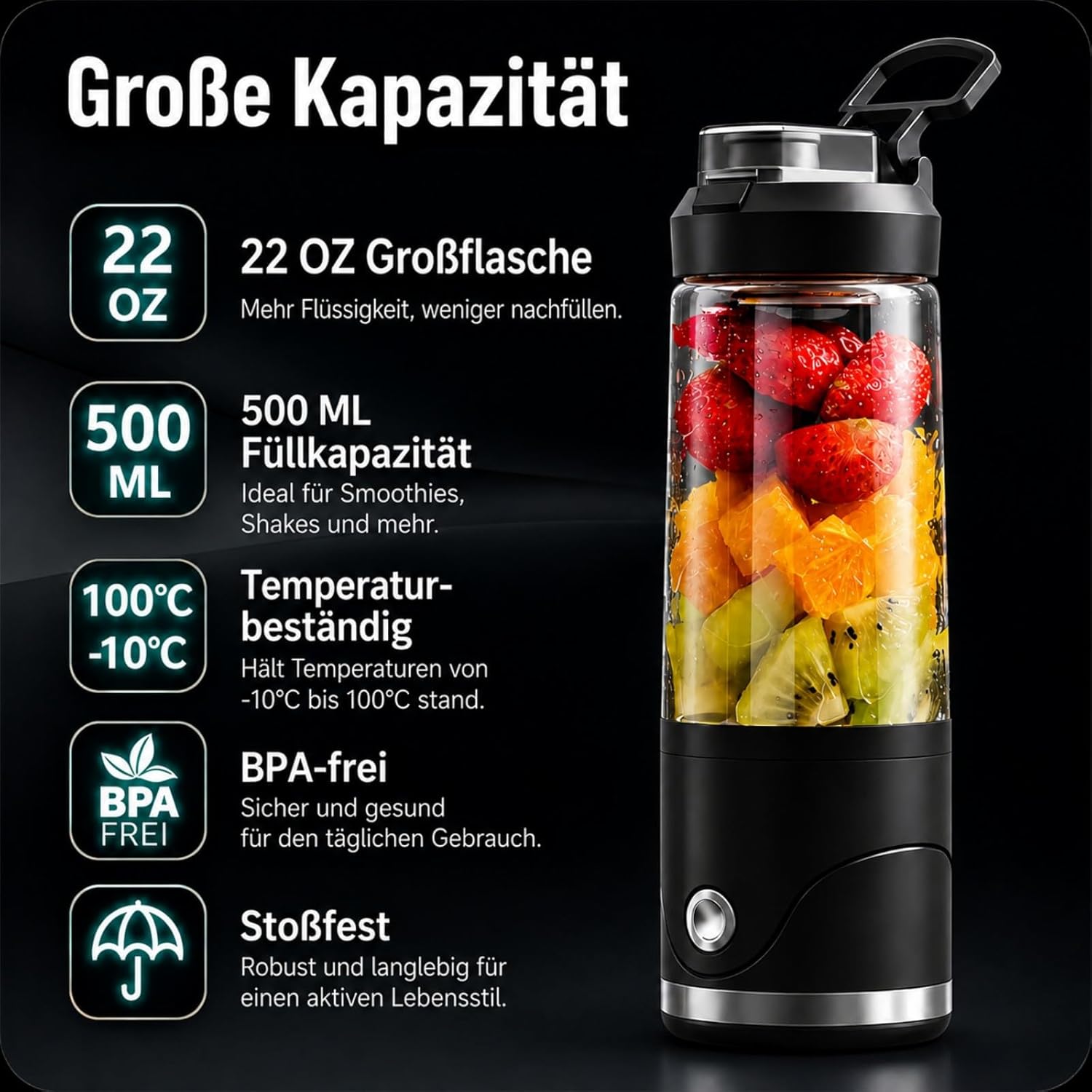 Smoothie Maker To Go mit USB-C, Tragbarer Mixer Mini-Standmixer 650ml für Smoothies & Protein Shakes, Tragbarer Mixer mit 6 Edelstahlklingen, Ice Crush, Auslaufsicherer Deckel & Trinkschnabel – Bild 5