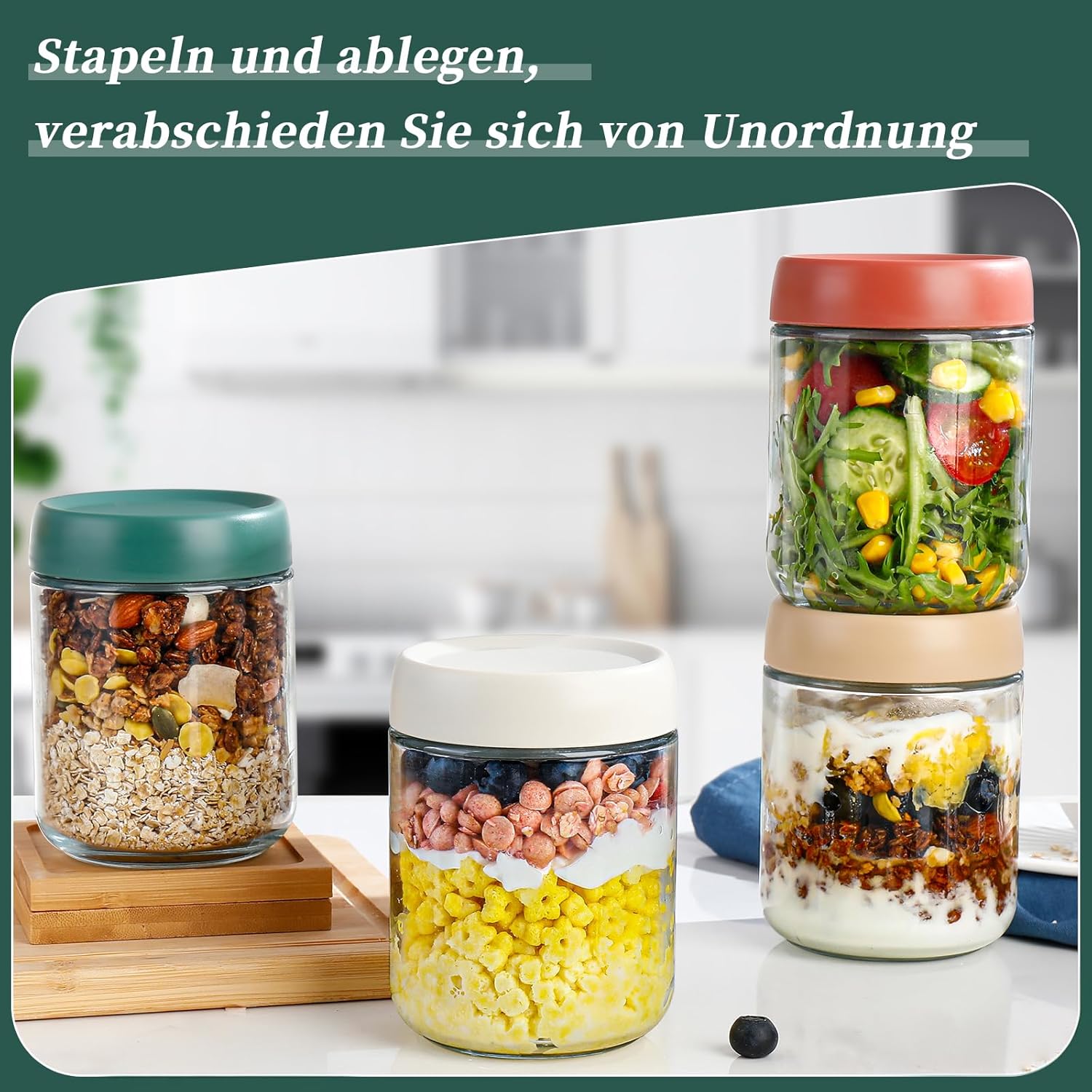 Set mit 4 Overnight-Oats-Gläsern mit Löffel und Deckel – 500-ml-Meal-Prep-Boxen aus Glas – Müslibecher zum Mitnehmen und Einmachgläser mit Schraubdeckel für Marmelade – Einmachgläser-Glasbehälter zum Einmachen und Einlegen – Bild 4