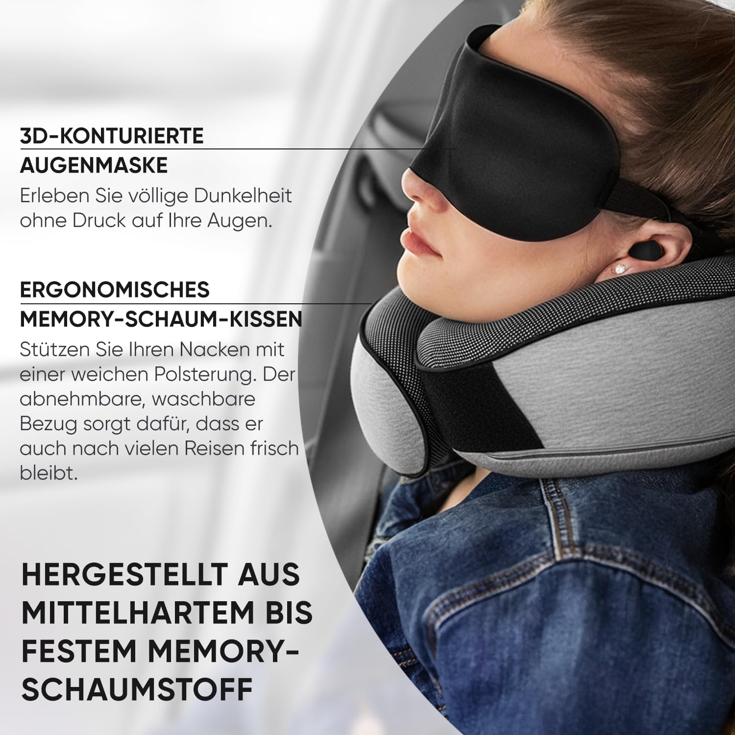 Proglobe Flugzeug-Nackenkissen, Reisekissen, 100 % Memory-Schaum, orthopädisches Nackenkissen, ideal für Reisen im Flugzeug, Auto, Zug, mit 3D-Schlafmaske, Ohrstöpsel, hochwertiger Netzbeutel, grau – Bild 4