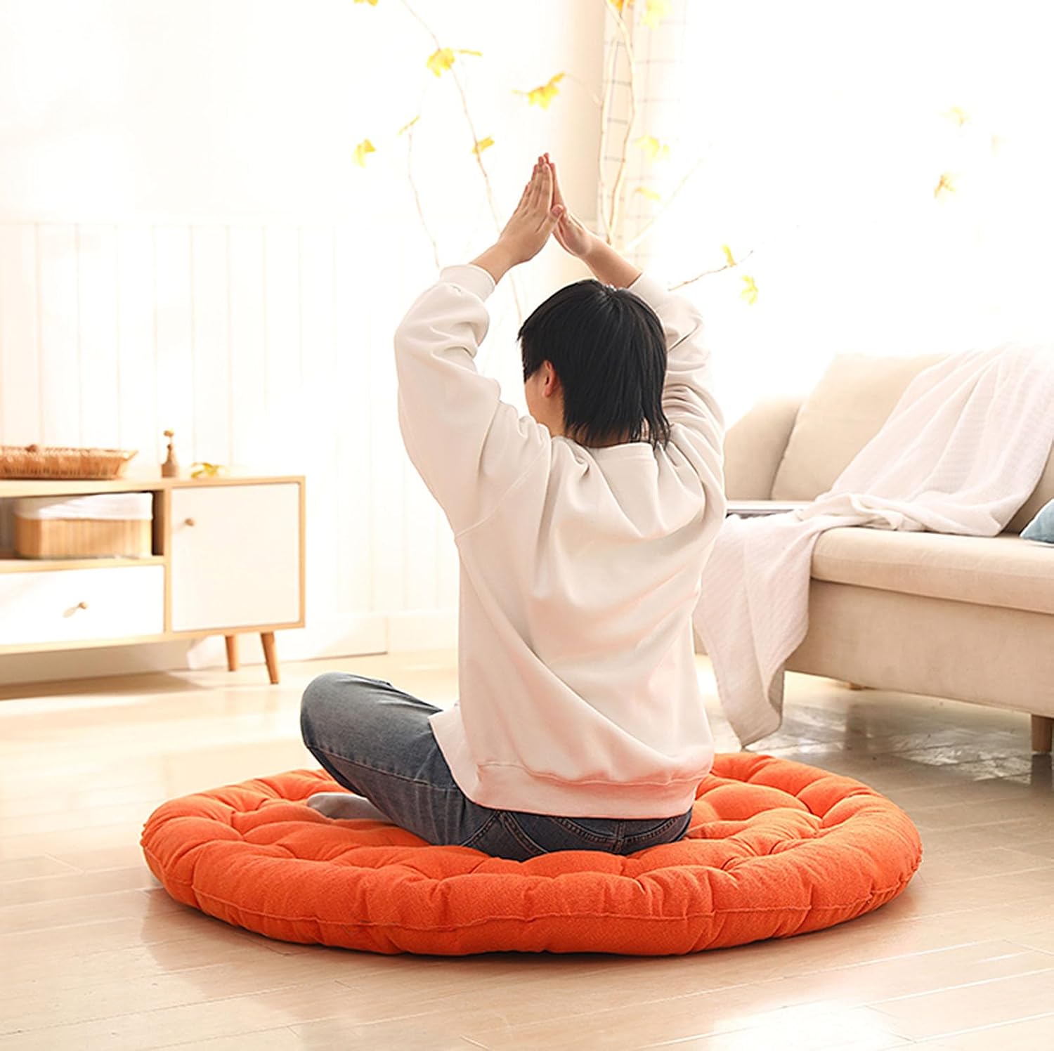 Großes Bodenkissen, rundes Leinen-Futonkissen, japanischer Stil, getuftetes Bodenkissen, Meditationskissen, Sitzen auf dem Boden, Fensterkissen für Yoga, Sofa, Balkon (75 x 75 x 10 cm, Beige) – Bild 7