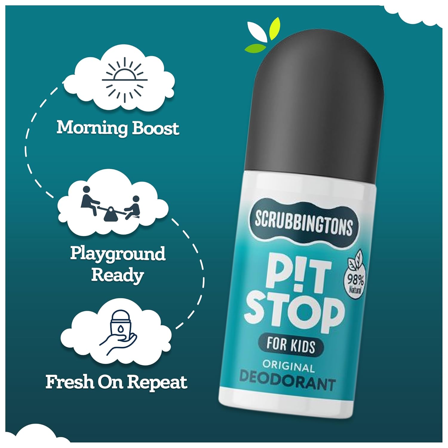 Scrubbingtons Pit Stop Kids Deodorant – natürlicher Roll-on für Kinder und Jugendliche, 98 % natürliche Inhaltsstoffe für empfindliche Haut, ohne Aluminium und Alkohol, Original, 2 x 75 ml – Bild 2