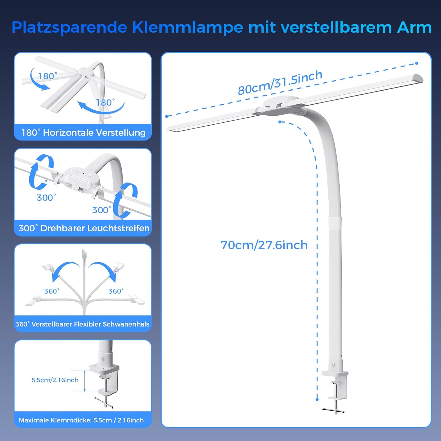 Schreibtischlampe LED Dimmbar - 1400LM 24W Doppelkopf Klemmbar Büroschreibtischlampe mit Fernbedienung 80CM Schwanenhals Schreibtischlampe Tageslichtlampe mit Ladefunktion Weiß W01 – Bild 7