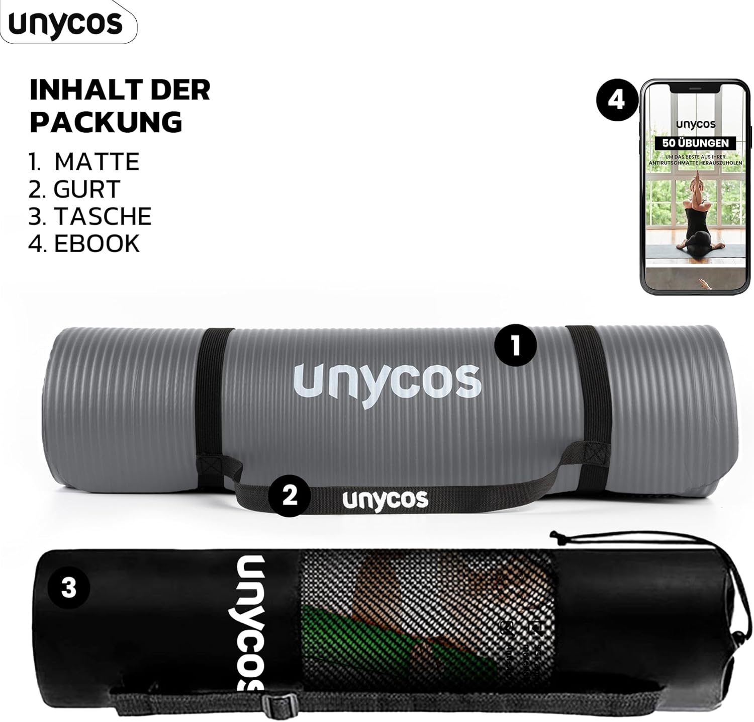 unycos - Yogamatte rutschfest | Hohe Dichte 6/10/15 mm, Gymnastikmatte mit Tragegurt und Schultergurt. 【Inklusive E-Book】 Hautfreundliche Fitnessmatte für Pilates, Trainingsmatte, Fitnessstudio – Bild 3