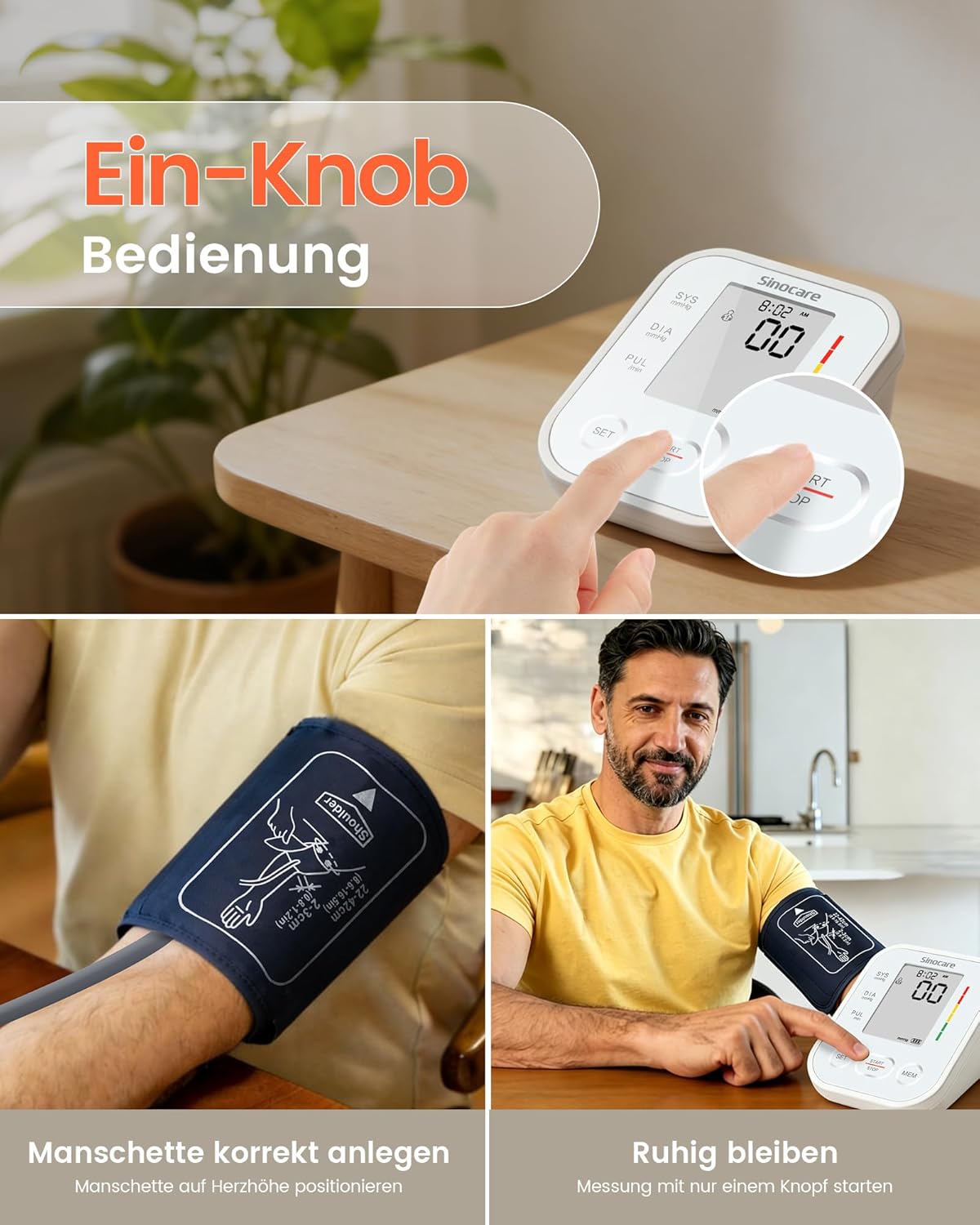 Blutdruckmessgerät Oberarm mit 4-Farben-Display mit Hintergrundbeleuchtung, Vollautomatisches Blutdruckmessgerät für Zuhause, Blutdruckmessgerät Große Manschette, sinocare Blutdruckmessgerät – Bild 6