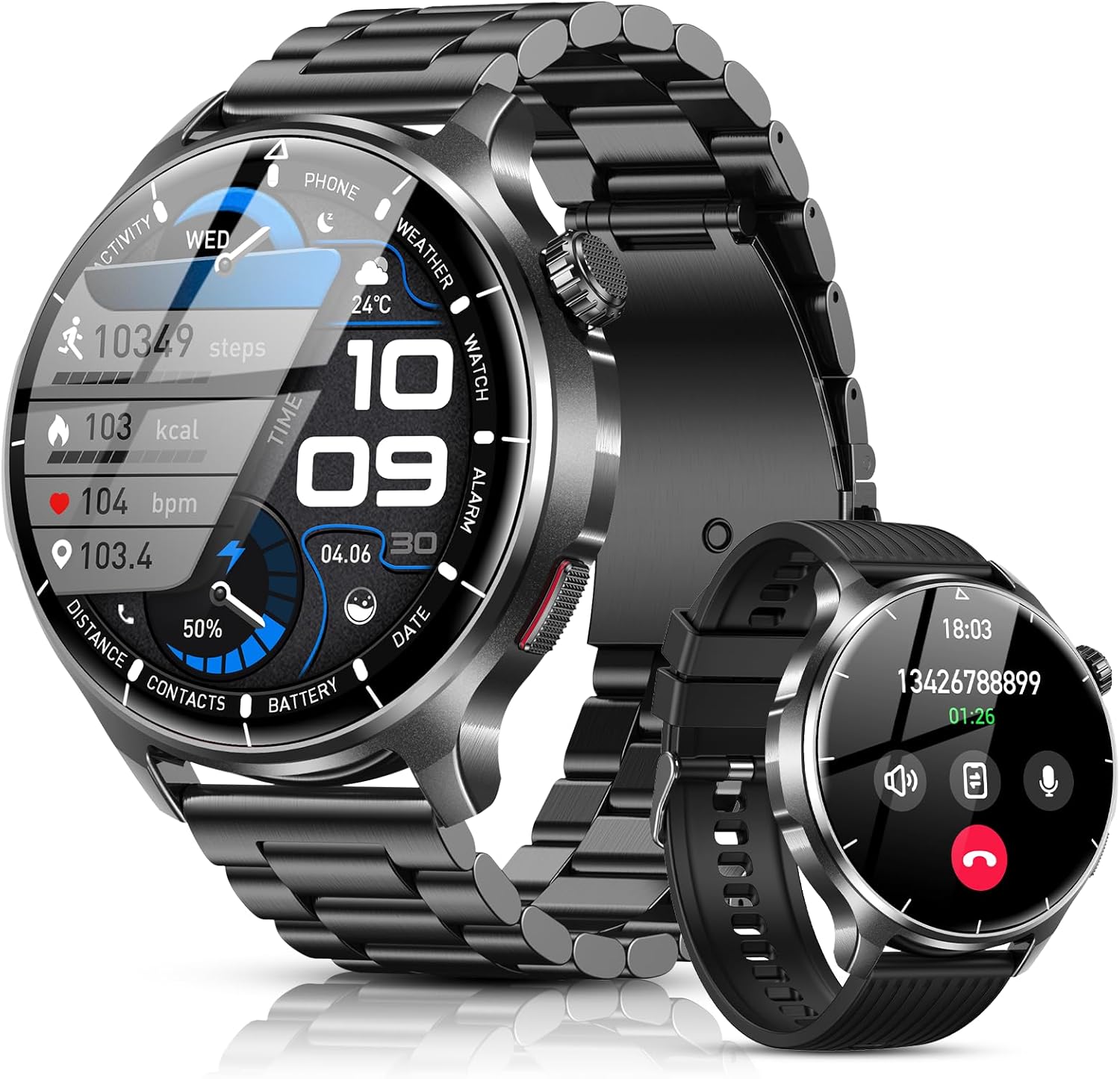 SLOKSFil Smartwatch Herren 1000 mAh Akku/1,52 Zoll HD Touchscreen, mit Bluetooth Anrufen/110+ Sportmodi/24H Herzfrequenz/IP68 Wasserdicht/Schlafmonitor, Schrittzähler, Fitnessuhr, Android iOS (Schwarz)