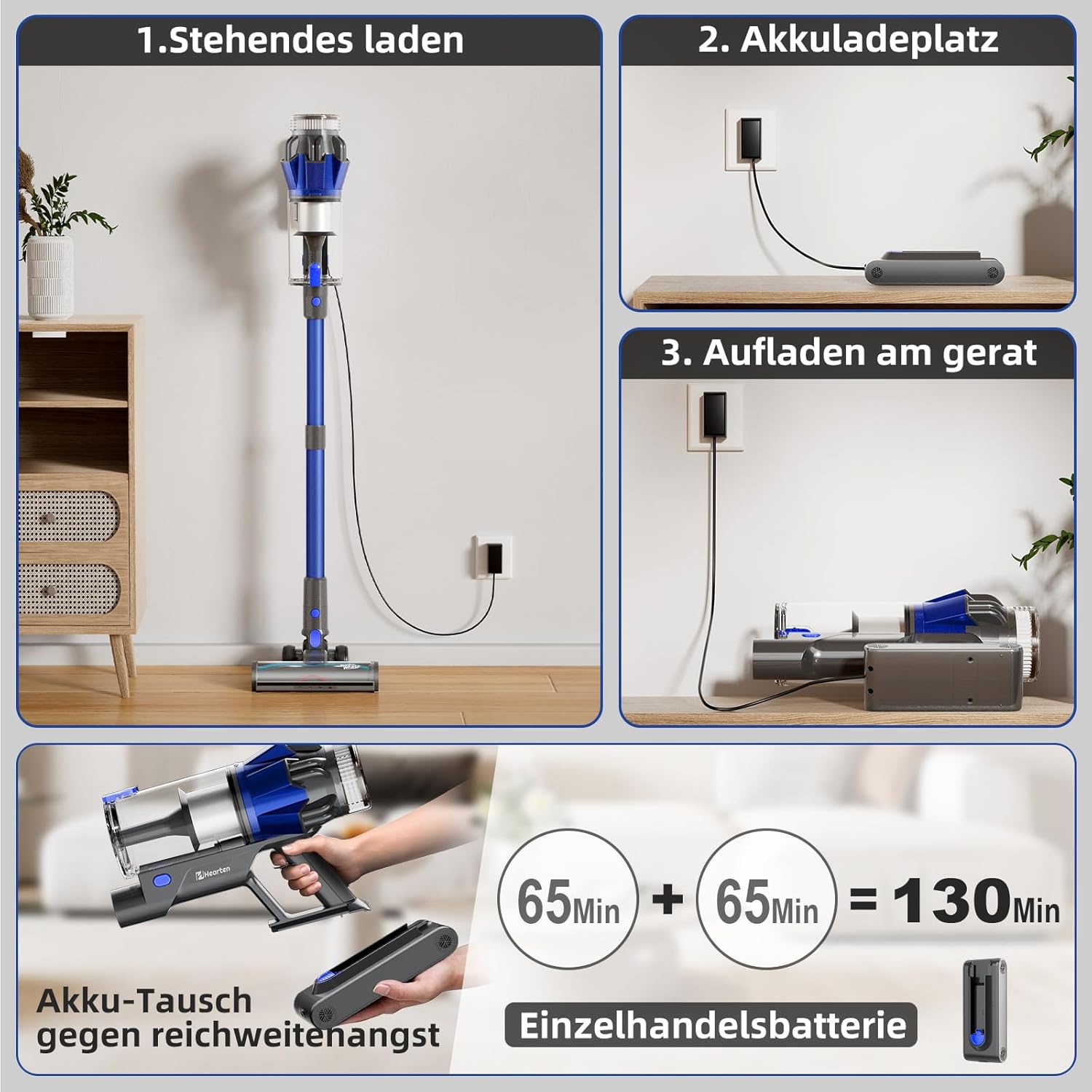 Hearten Akku-Staubsauger, 70.000 Pa/600 W/65 Min., 4 Stufen, Schmutzsensor, 1,8 l, kabelloser Staubsauger mit Farbdisplay, Anti-Haarbürste, 8-Stufen-Filter, Schlauch für Tierhaare/Teppiche/Hartböden/Auto – Bild 7