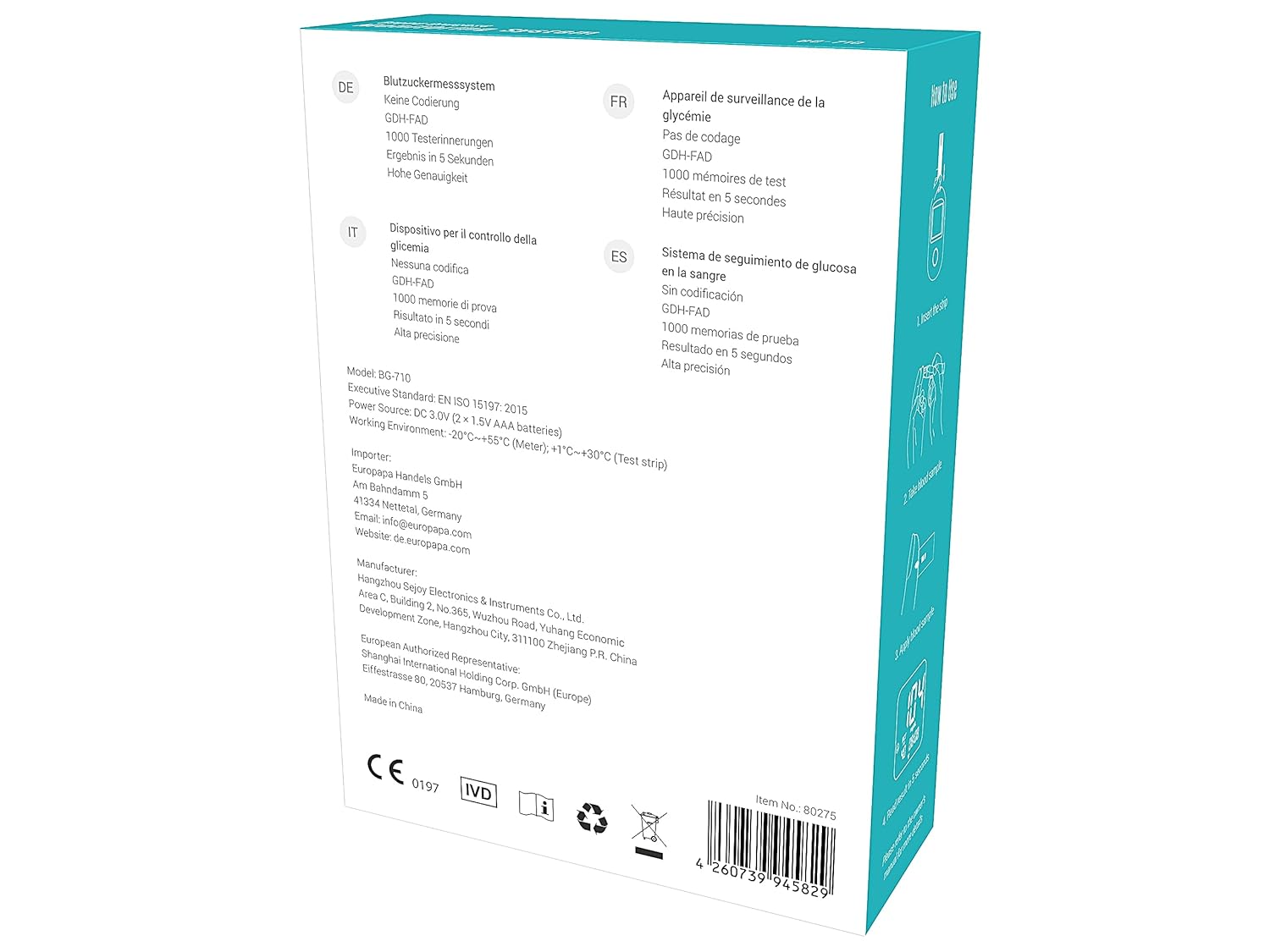 EUROPAPA Blutzuckermessgerät mit 10 Blutzucker-Teststreifen und 10 Blutlanzetten und Stechhilfe, Blutzucker-Messsystem Diabetes-Set mg/dL zur Blutzucker-Selbstkontrolle (Schwarz) – Bild 5