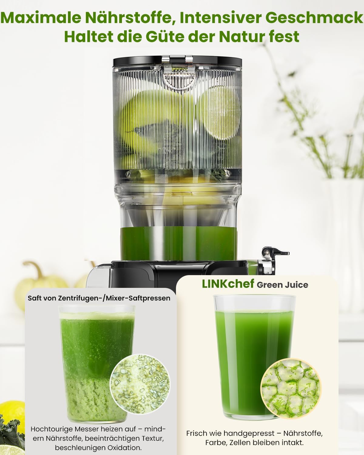 LINKChef Slow Juicer, Entsafter Gemüse und Obst, Testsieger mit 115 mm großem Entsafter, Kaltentsafter für ganze Früchte/Gemüse, Blitzreiniger, einfache Installation, BPA-frei, 200 W, Schwarz – Bild 2