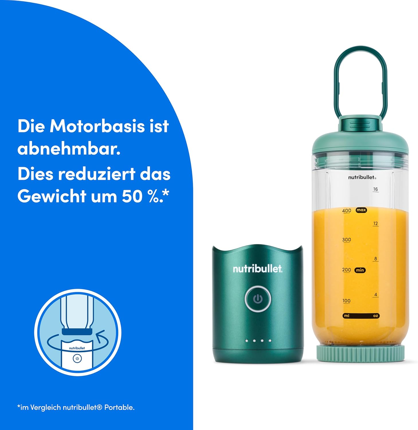 Nutribullet Flex 590 ml tragbarer Smoothie-Mixer mit Trinkdeckel, zerkleinert Eis und gefrorene Früchte, USB-C, Tragegurt, BPA-freier Becher, leicht zu reinigen, Waldgrün (NBP013GR) – Bild 4