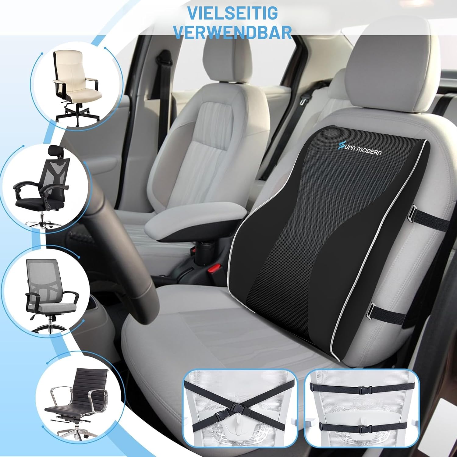 SUPA MODERN Lendenwirbelstützkissen für Bürostühle, Memory-Schaum-Rückenkissen, Lendenwirbelstützkissen für Autositze mit atmungsaktivem Bezug und verstellbaren Trägern – Bild 5