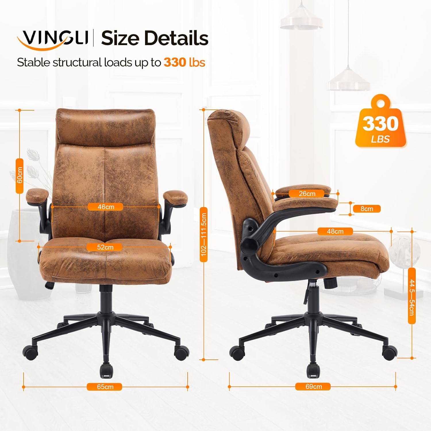 Bonnlo Ergonomischer Bürostuhl, Schreibtischstuhl mit hochklappbarer Armlehne, Computerstuhl, Drehstuhl, Wippfunktion 105°-120°, höhenverstellbar, drehbar, 150 kg belastbar (Mikrofaser, Braun) – Bild 2