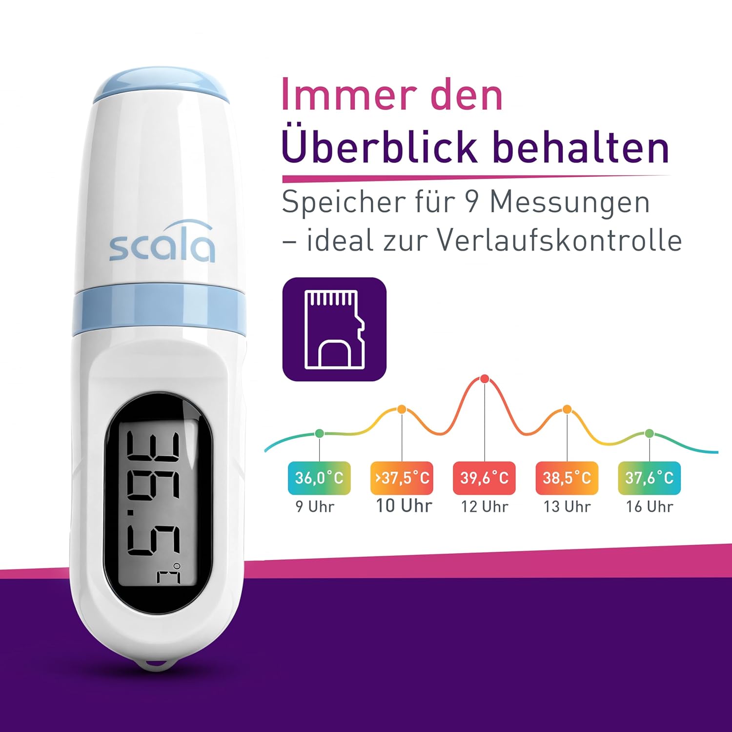 scala SC 8271 Infrarot-Fieberthermometer berührungslos – Stirnthermometer für Kinder und Erwachsene – Digitales Fiebermessgerät mit 1 Sekunde Messzeit, Signalton & Speicher für 9 Messwerte – Bild 5