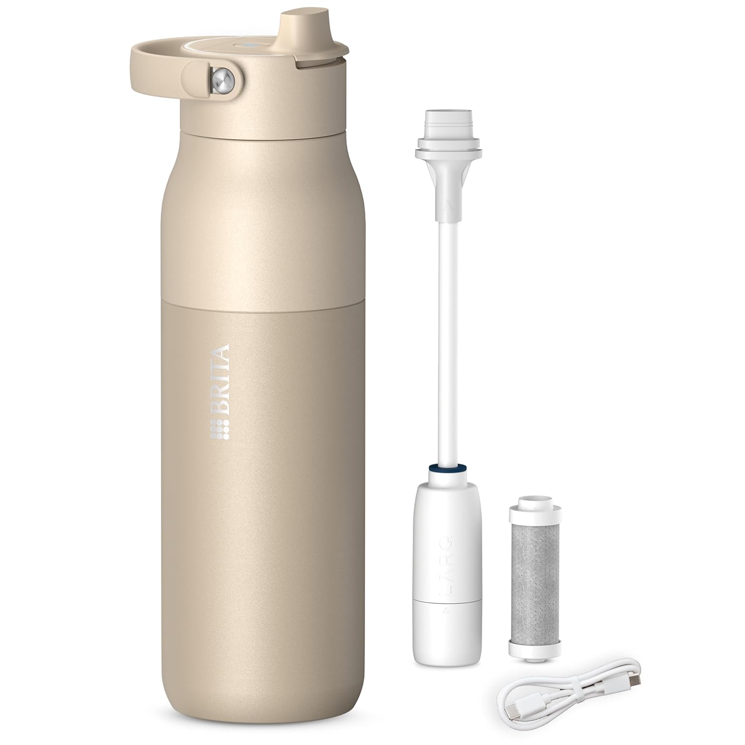BRITA LARQ iQ Digitalfilter-Wasserflasche Beige (1 L) inklusive Trinksystem-Tracking (App), Aktivkohle-Wasserfilter und UV-C – neutralisiert 99,99 % Bakterien und filtert Mikroverschmutzung, PFAS und mehr