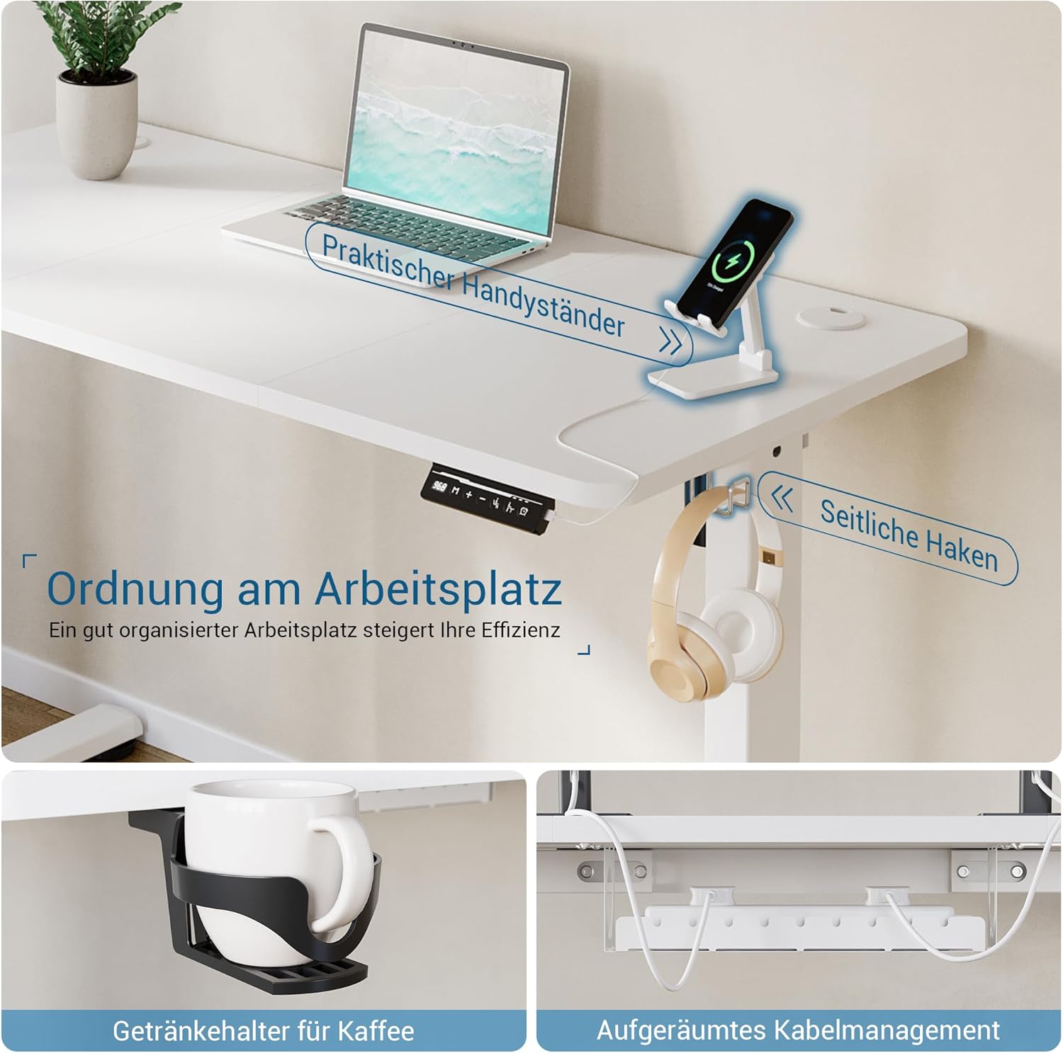 Höhenverstellbarer Schreibtisch, elektrischer Stehpult, Büro-Computertisch mit USB-C-Ladeanschluss und Memory-Funktion, Weiß Pro, 120 x 60 cm – Bild 6