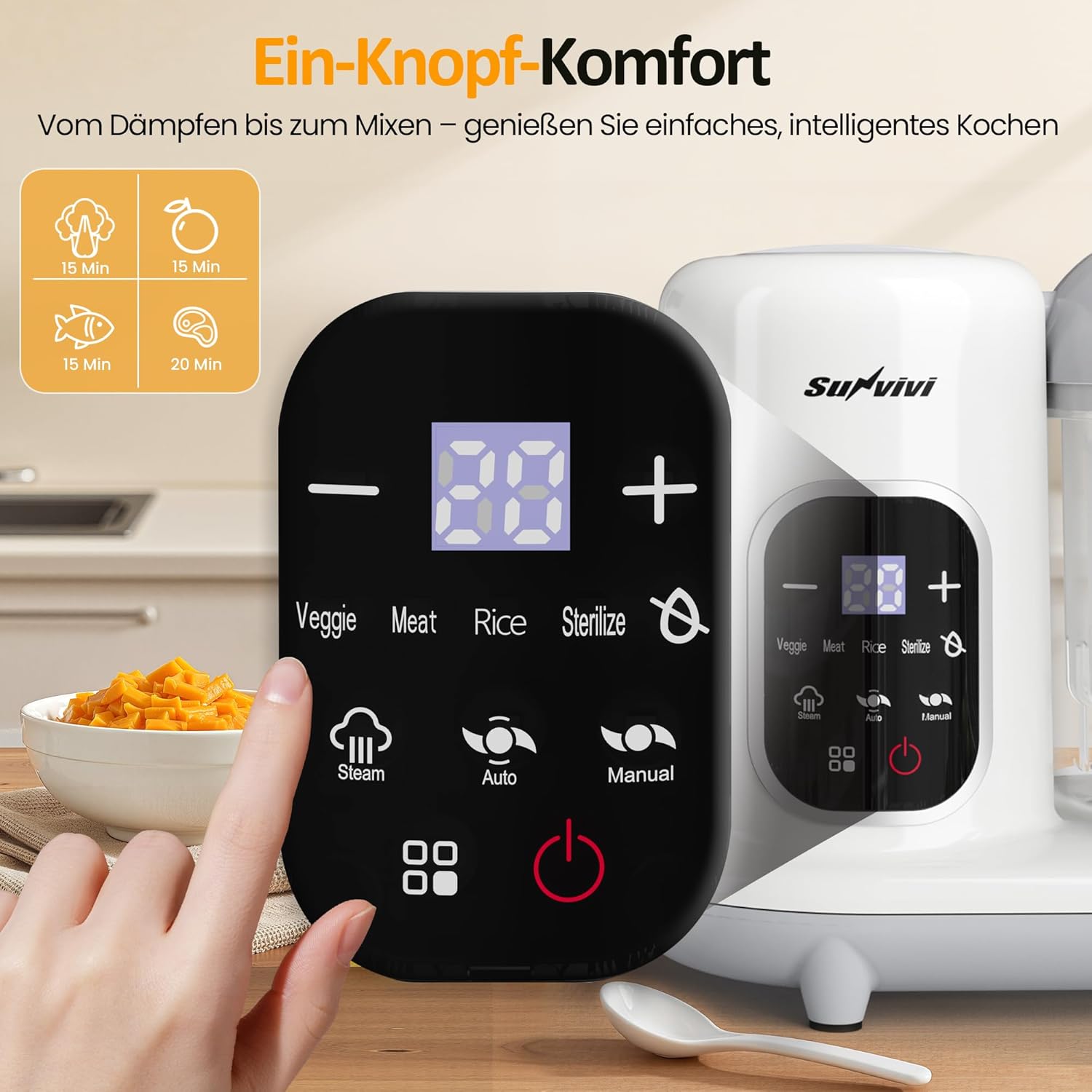 Sunvivi Babynahrungszubereiter 8-in-1 mit Dampfgarer und Mixer, 350 g Babynahrungszubereiter mit großer Kapazität, multifunktionaler Babybreibereiter mit LCD-Display, Sterilisator, Wärmer und Auftaufunktion – Bild 3