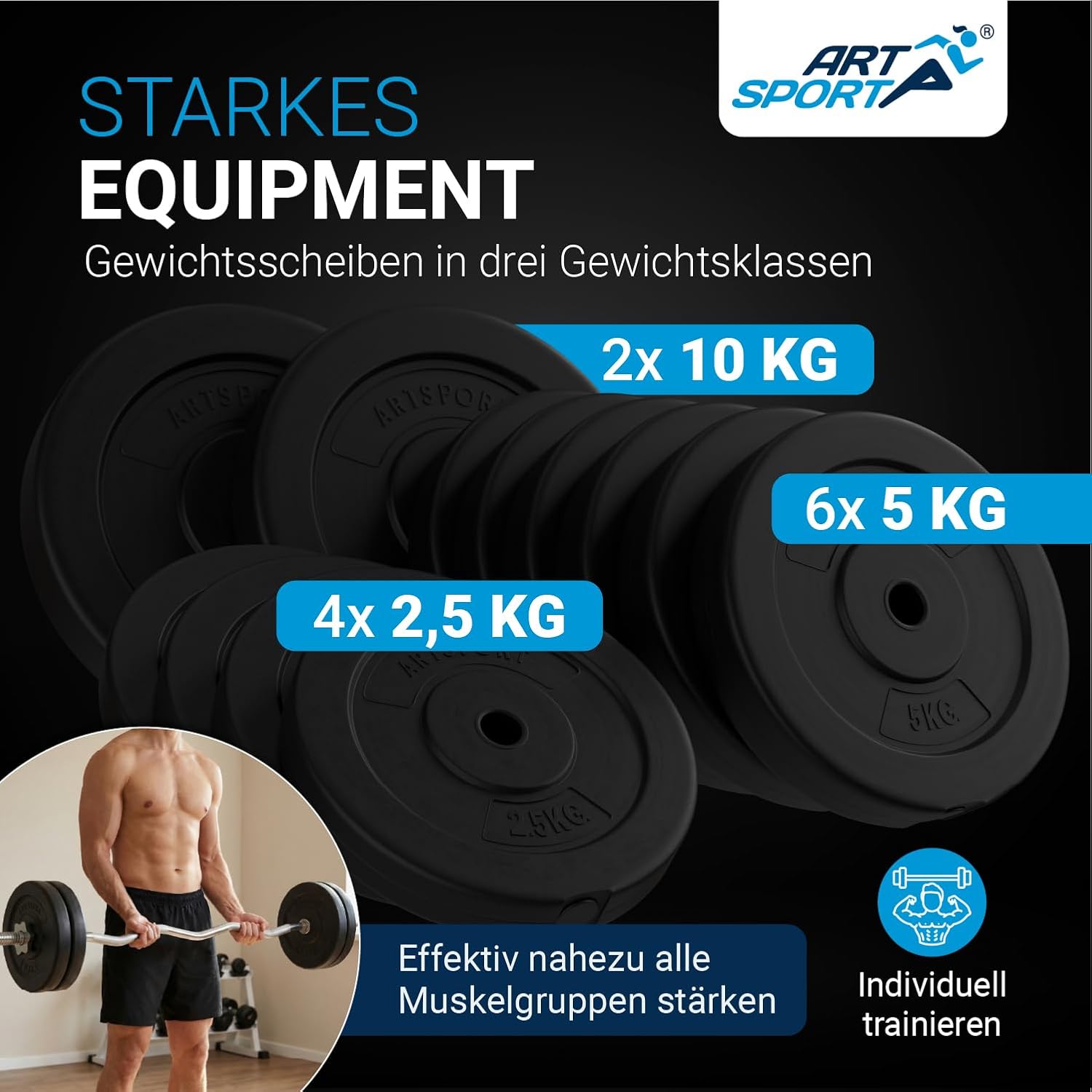ArtSport 3-in-1-Hantelset mit 2 Hanteln, 1 Langhantel & 1 SZ Curl-Langhantel – 12 Gewichte mit 60 kg und Spinlock-Kragen – Hantelset Krafttraining – Bild 3
