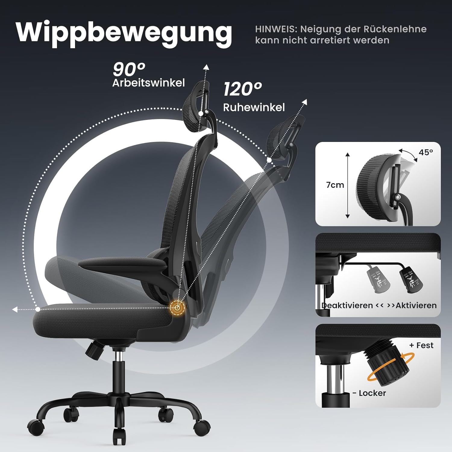 rattantree Ergonomischer Bürostuhl, Schreibtischstuhl mit verstellbarer Kopfstütze und Armlehnen, C-förmige Lordosenstütze, Drehstuhl mit Rollen für das Heimbüro, Schwarz – Bild 4