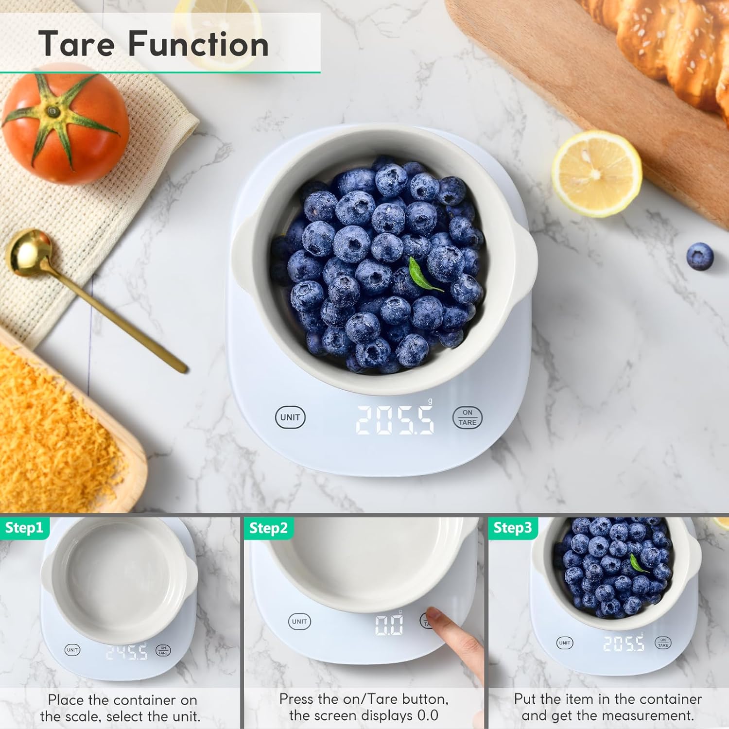 arboleaf Digitale Küchenwaage mit App, 10 kg / 0,5 g Küchenwaage Bluetooth mit Kalorienzähler, Ernährungswaage USB wiederaufladbar, grammgenaue Lebensmittelwaage mit Sicherheitsglas und Tara-Funktion (weiß) – Bild 4