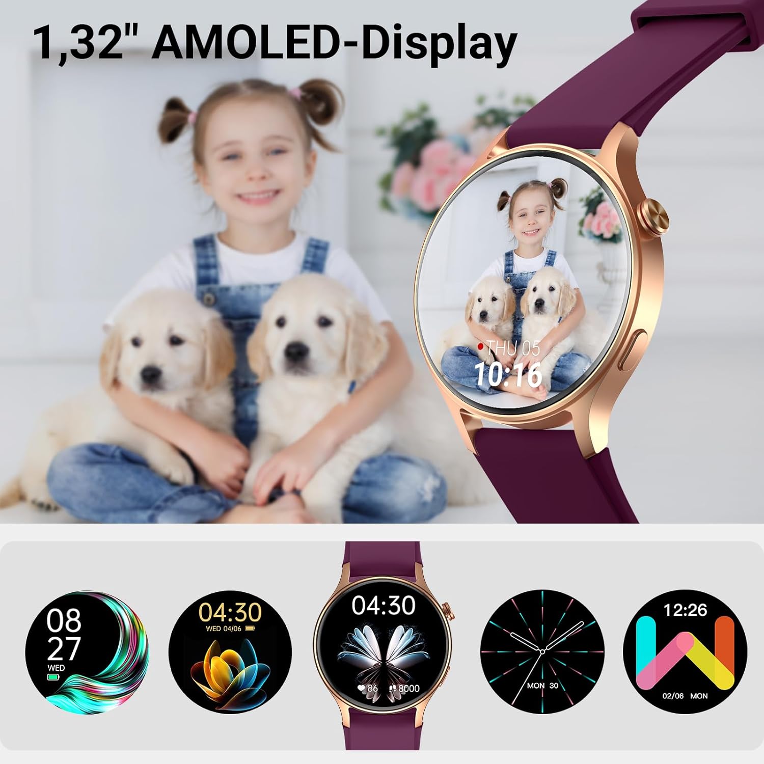 Runde Smartwatch für Damen mit Telefonfunktion, 1,32 Zoll AMOLED-Display, Fitnessuhr mit 110+ Sportmodi & 3ATM, Fitness-Tracker für iPhone/Android, Schrittzähler mit Herzfrequenzmesser, SpO2, Schlafmonitor, Lila – Bild 6