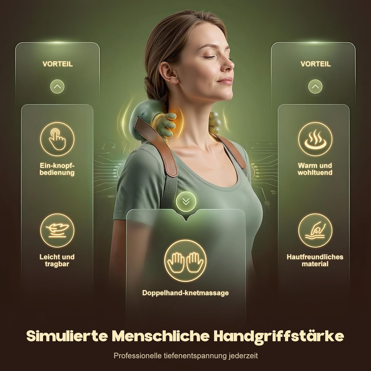 Massagegerät, 4D-Nackenmassagegerät mit Wärme, tragbarer Nacken, 3 Modi und 2 Wärmeeinstellungen, USB elektrisch, entspannt Muskeln und lindert Müdigkeit, für Zuhause und Büro, Grün – Bild 2