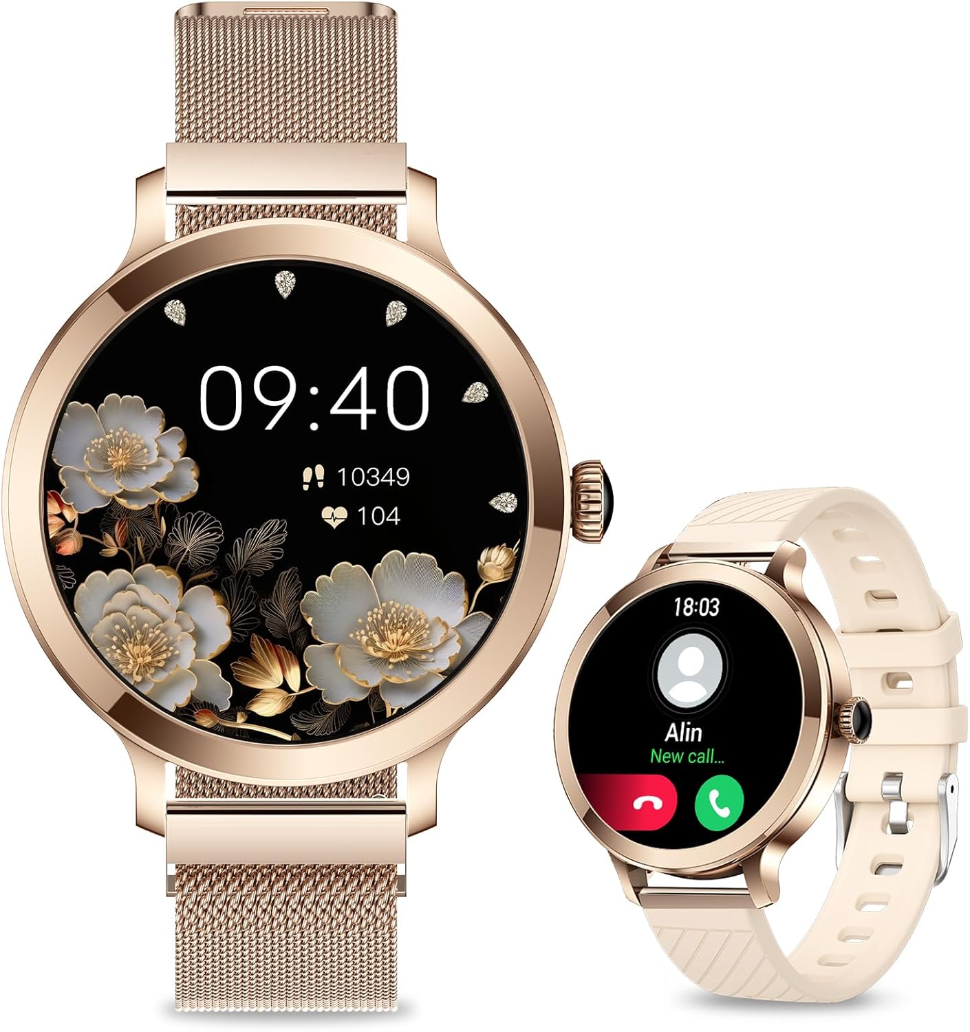 Efolen Damen Smartwatch (2 Armbänder), 1,1 Zoll HD AMOLED Display Smartwatch mit Telefonfunktion, Fitnessuhr, Sportuhr mit 120+ Sportmodi, Schlaftracking, Menstruationszyklus, Uhr für iOS/Android, Roségold