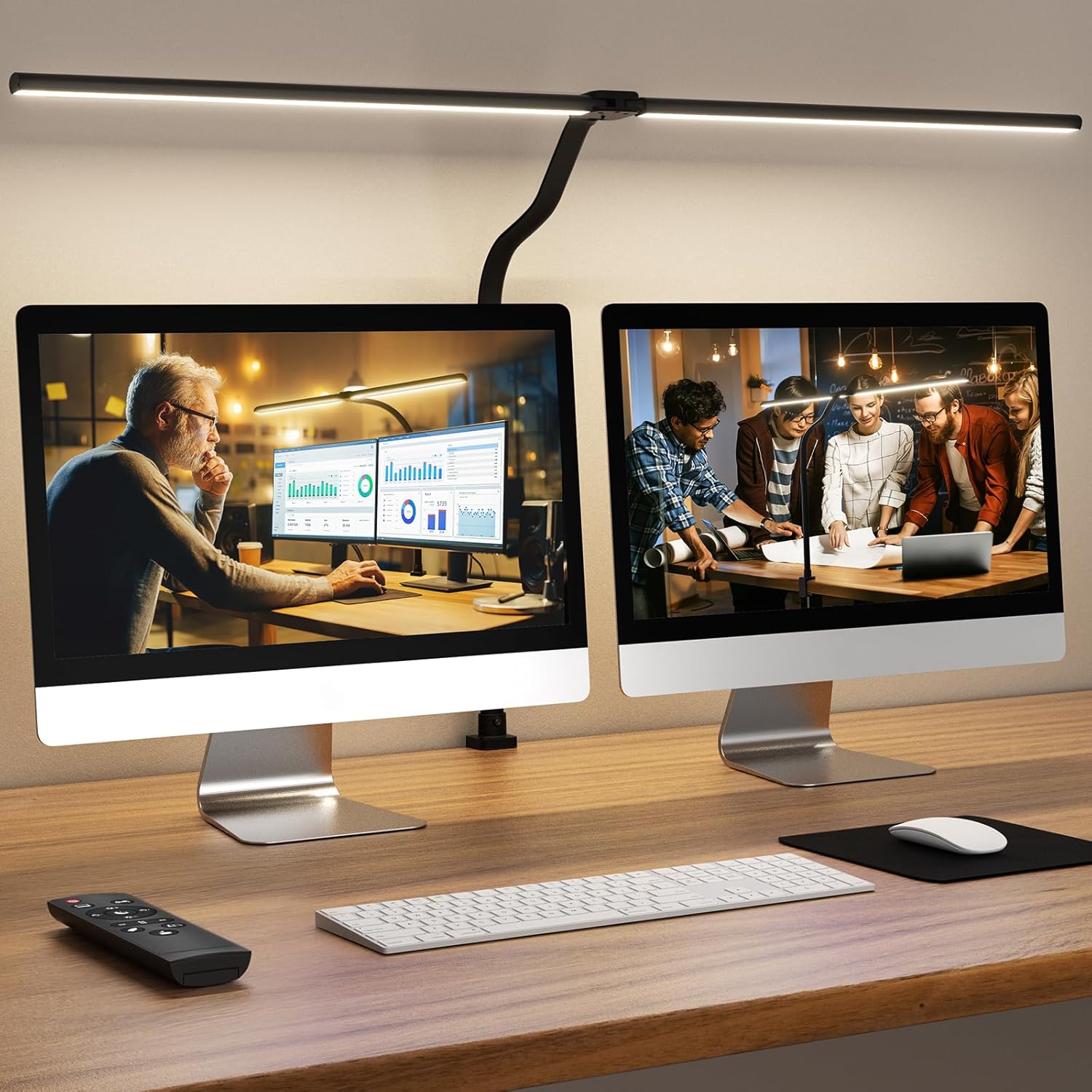 Doppelkopf Schreibtischlampe LED Dimmbar 24W 80cm Klemmbar Tageslichtlampe Schreibtischlampe Schwanenhals Büro Tischlampe Augenschutz Arbeitsplatzleuchte Monitorlampe, Schwarz