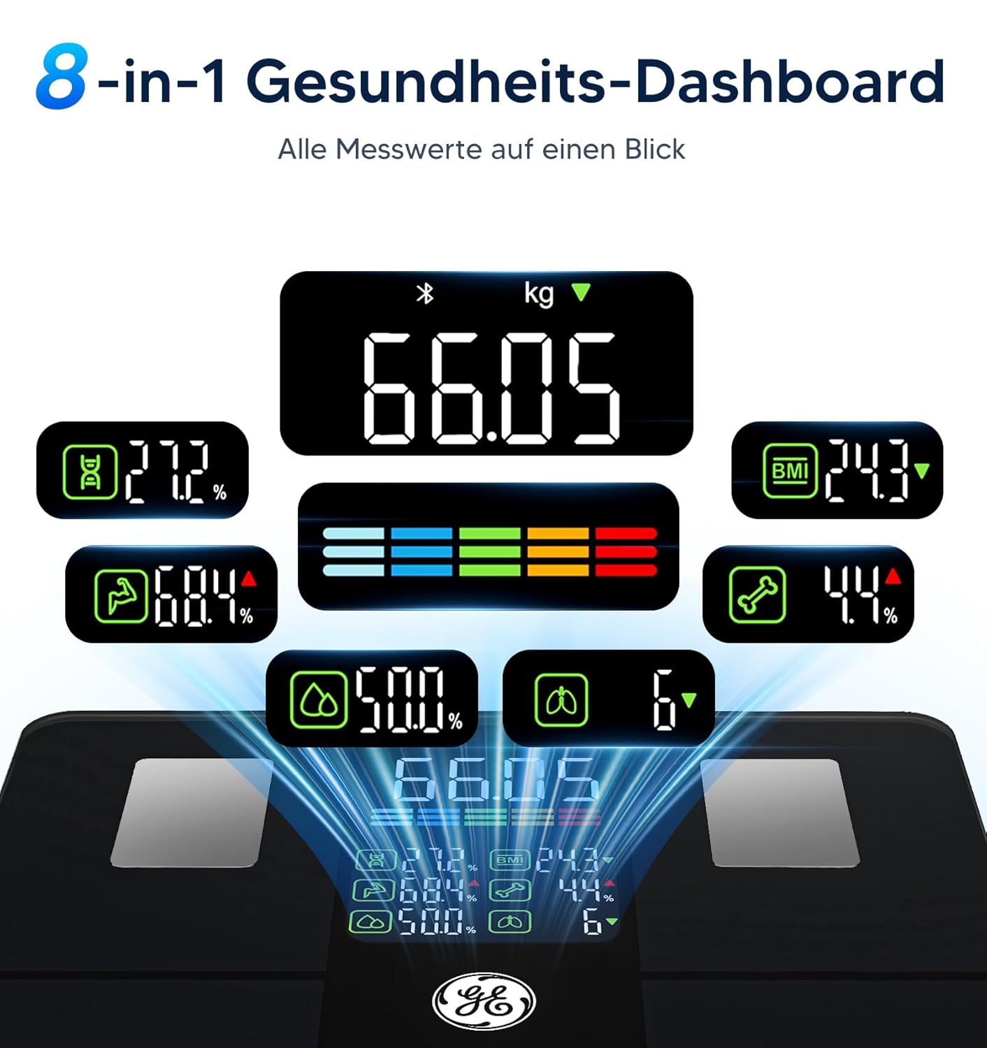 GE Digitale Körperfettwaage mit großem Display, intelligente Waage mit Körperfett und Muskelmasse mit App, 14 Körpermessungen, BMI, Bluetooth-Personenwaage bis 180 kg/400 lb – Bild 2