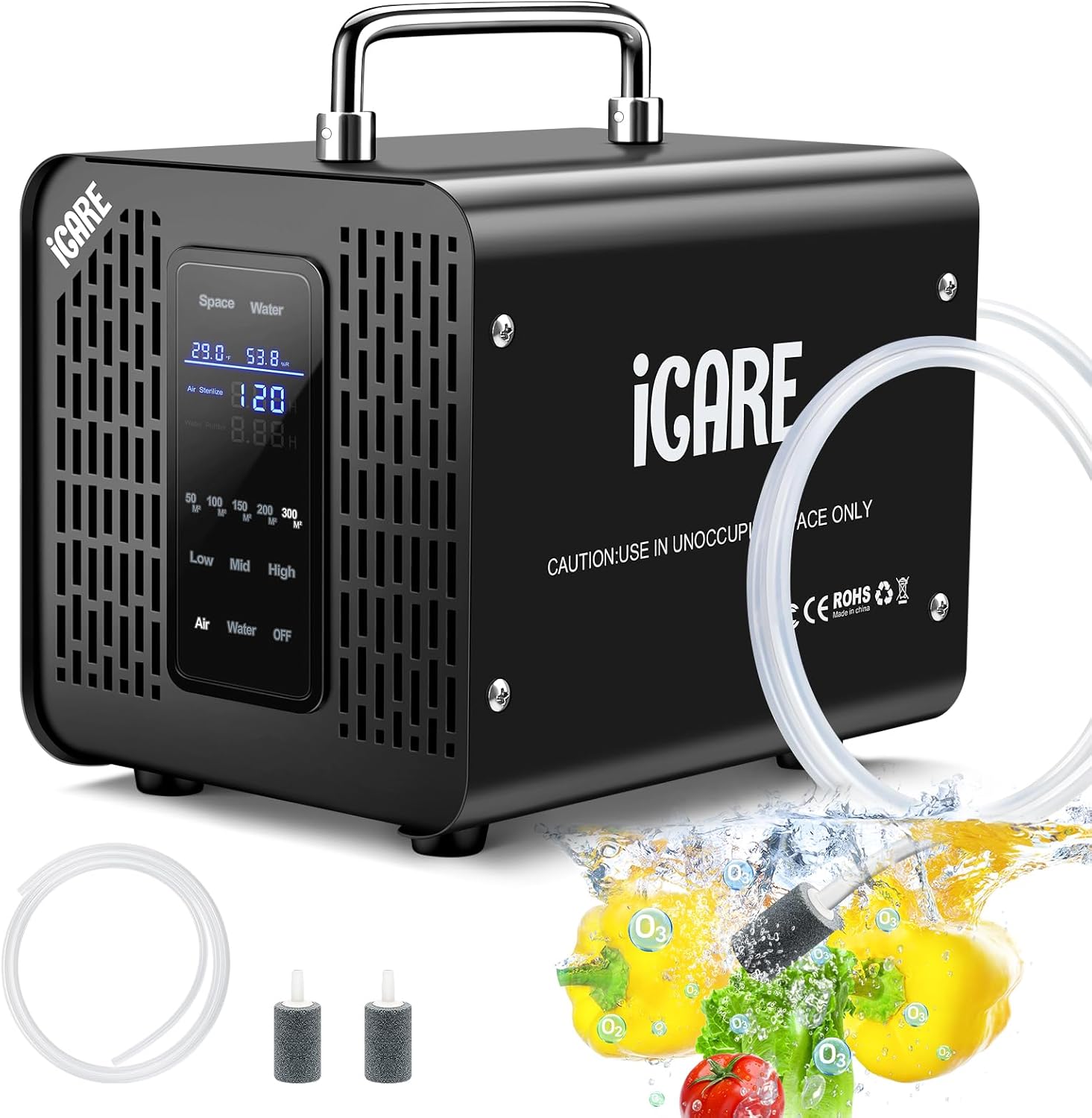 Smarter Ozongenerator 60000 mg/h mit 2 Modi, digitaler Ozongenerator für Wasser und Luft, Ozongerät mit 120-Minuten-Timer für 300㎡, Geruchskiller für Auto, Rauch, Haustiergerüche, Küchengerüche