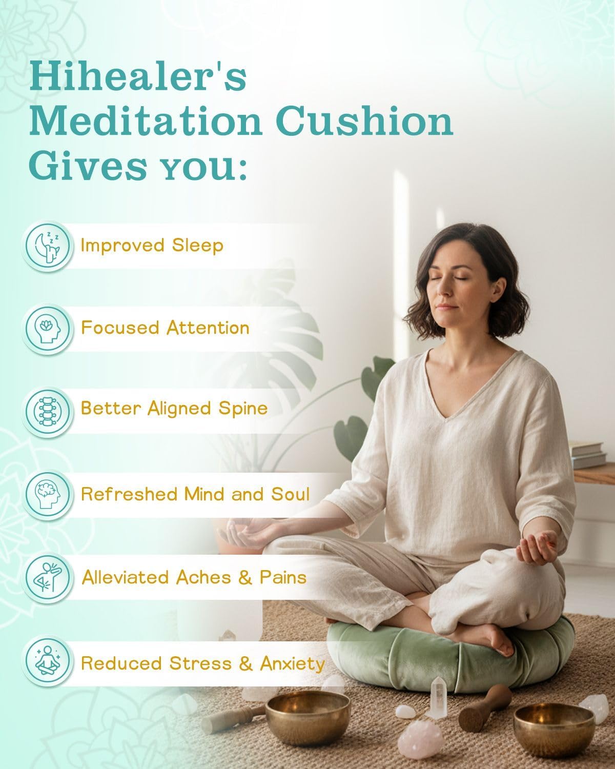 Premium-Meditationskissen – bequemes Bodenkissen für Erwachsene, traditionelles Halbmond-Meditationskissen, Yoga, Buchweizenrolle – Bild 6