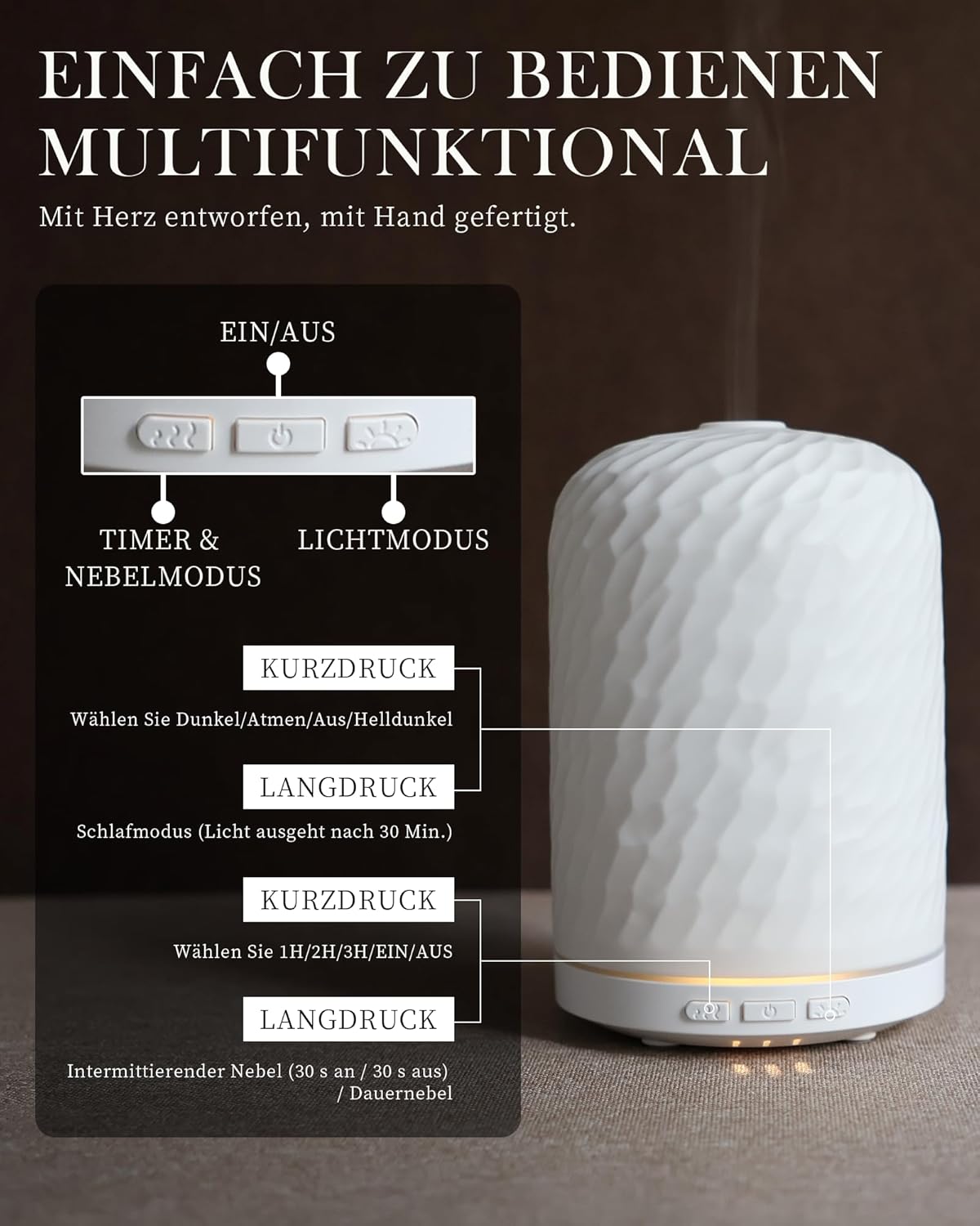 Aromadiffusor – Ultraschalldiffusor mit Befeuchtung und Wellness-Licht aus handgefertigter Keramik, automatische Abschaltung, BPA-frei, geräuscharme Konstruktion, ideal für Schlafzimmer, Büro und als Geschenk – Bild 8