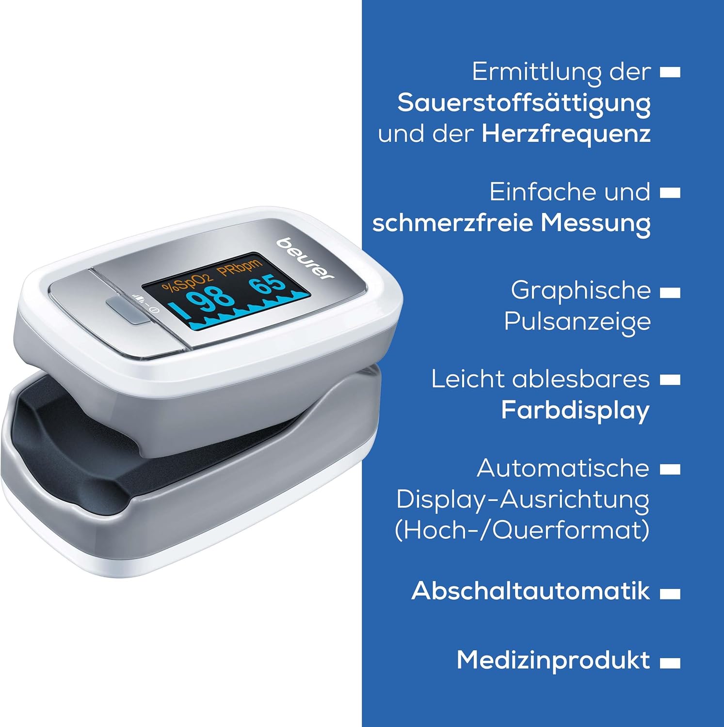 Beurer PO 30 Pulsoximeter, Messung der Sauerstoffsättigung (SpO₂) und Herzfrequenz (Puls), Fingeroximeter mit Farbdisplay, schmerzfreie Anwendung am Finger, 6,1 x 3,6 x 3,2 cm, Weiß – Bild 7