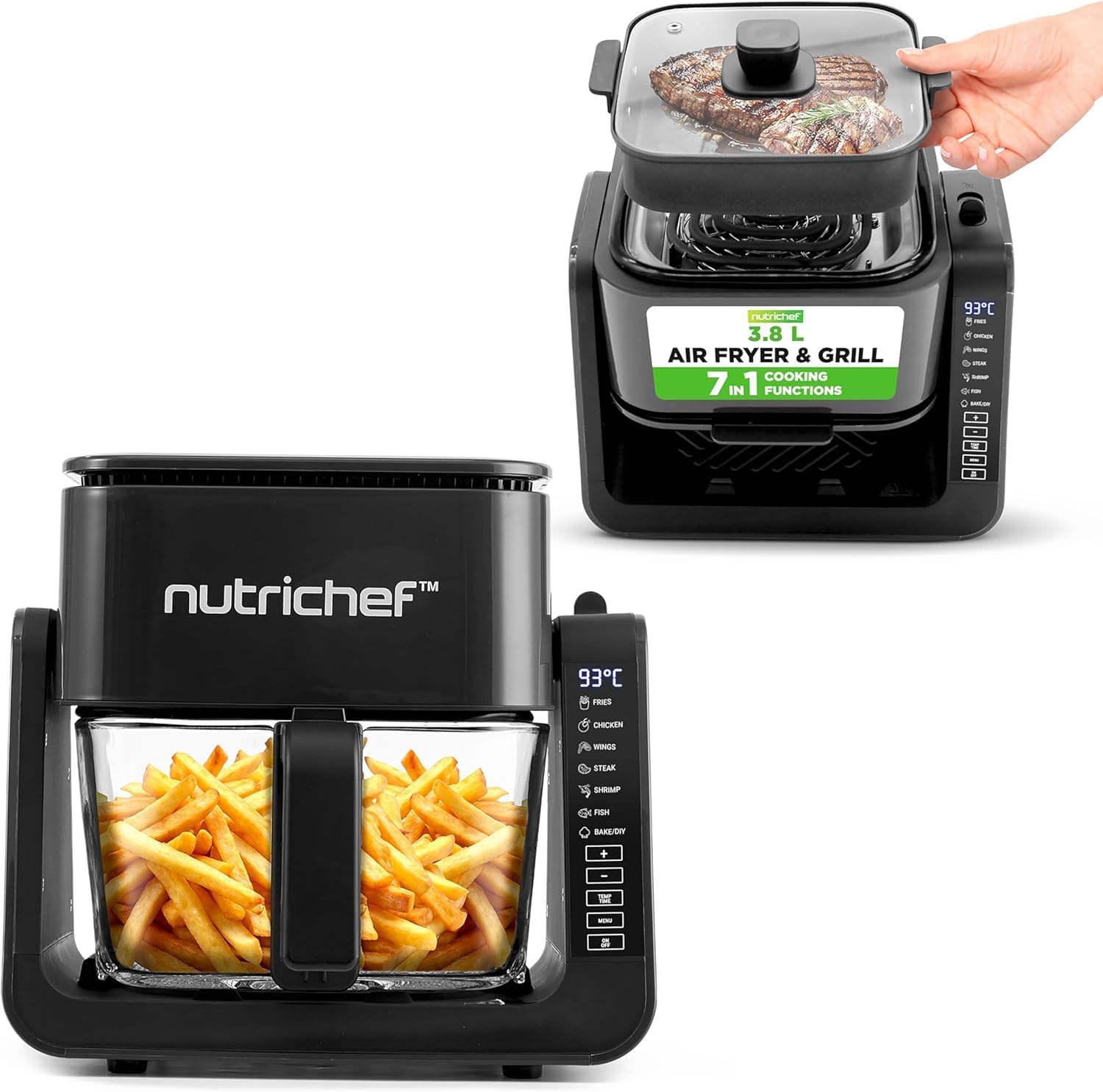 NutriChef Heißluftfritteuse 4L mit Grillfunktion 1500W Schwarz – Airfryer ohne Öl mit Sichtfenster, 7 Programmen, Glasbehälter für Familien & vielseitiges Kochen