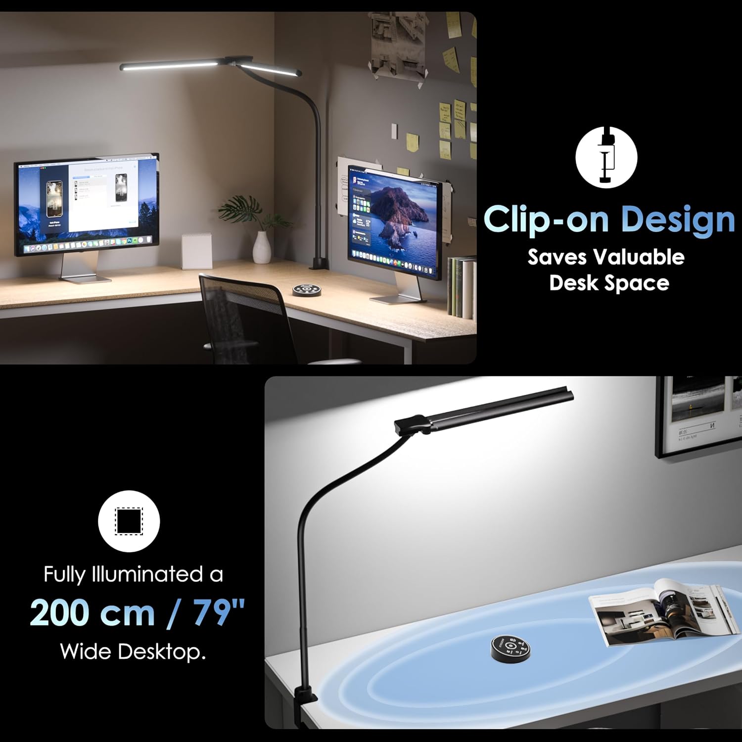 EYOCEAN Schreibtischlampe, Doppelkopf-Schreibtischlampe, klemmbar, 24 W 80 cm, Tageslichtlampe Schreibtisch mit Fernbedienung, dimmbare Monitorlampe, Büro-Tischlampe, Augenschutz-Bildschirmlampe – Bild 6