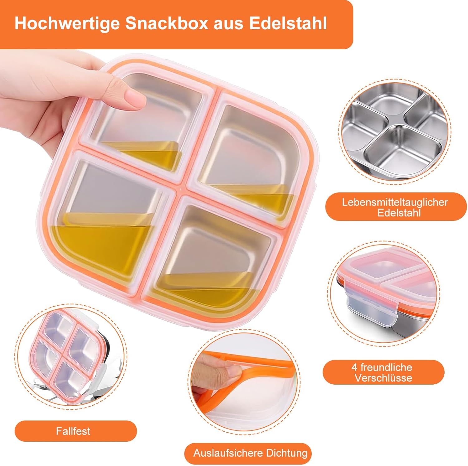 Snackbox, 2 Stück Bento Box, Snackbox mit Fächern Brotdose Edelstahl für Meal Prep Behälter, Leckdichte Metall Bento Box Mit Deckel für Schule, Arbeit Camping Brotdose Mit Fächern (600ml) – Bild 3