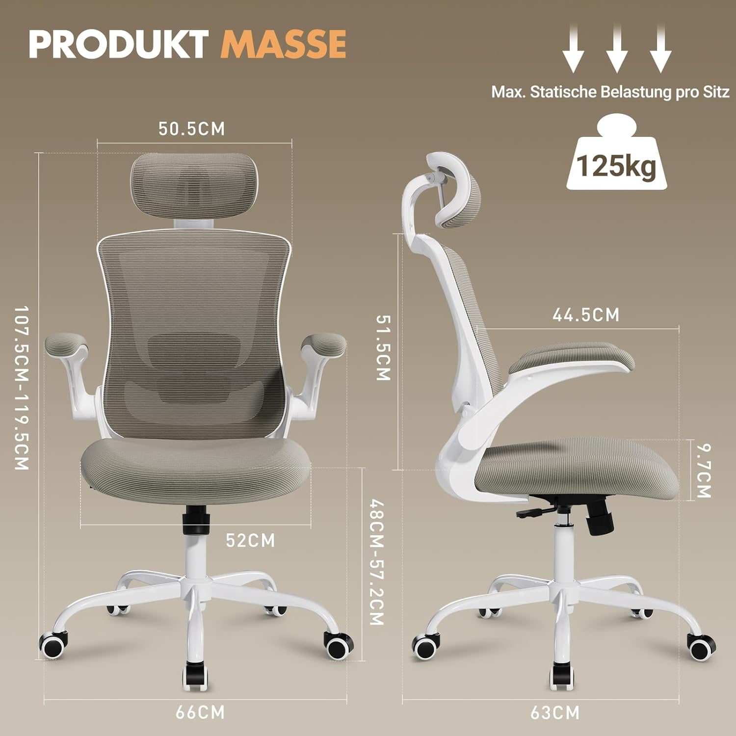 COLAMY Bürostuhl, Netz-Computerstuhl mit verstellbarer Kopfstütze und Lordosenstütze, ergonomischer Arbeitsstuhl mit hochklappbarer Armlehne, 140°-Wippfunktion, Khaki – Bild 2