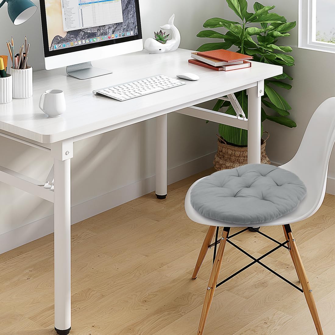 LOMUG Rundes Sitzkissen, 40 cm, 4er-Set, Stuhlkissen mit Befestigungsgurten, Grau, weiche Stuhlkissen für Esszimmerstuhl, Bürostuhl, Gartenstuhl, Balkon & Küche, bequeme Sitzpolsterung – Bild 6
