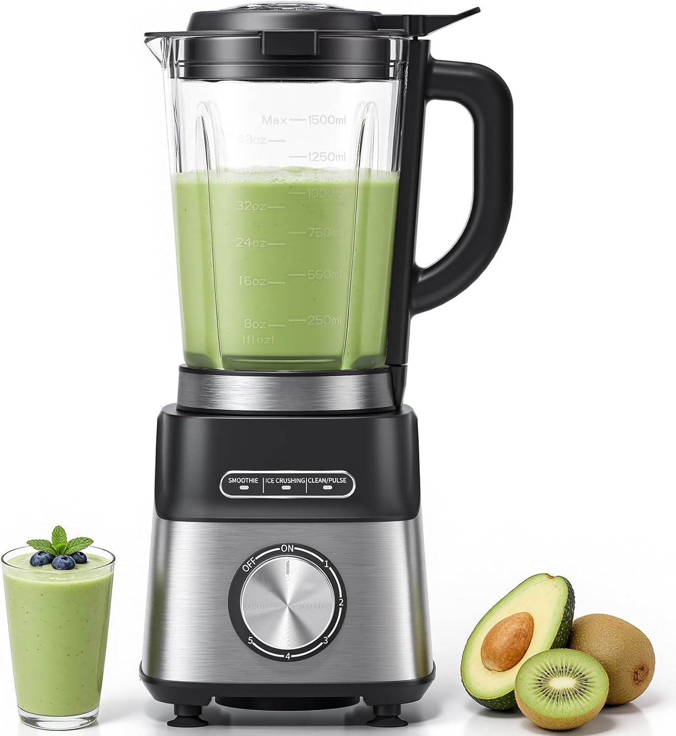 AMZCHEF Standmixer Gas-Smoothie-Maker mit Glasbehälter und 6-Klingen-System – Hochleistungsmixer 1200 W für Smoothies, Eis und Shakes, 5-Stufen-Steuerung mit Impuls und Selbstreinigung
