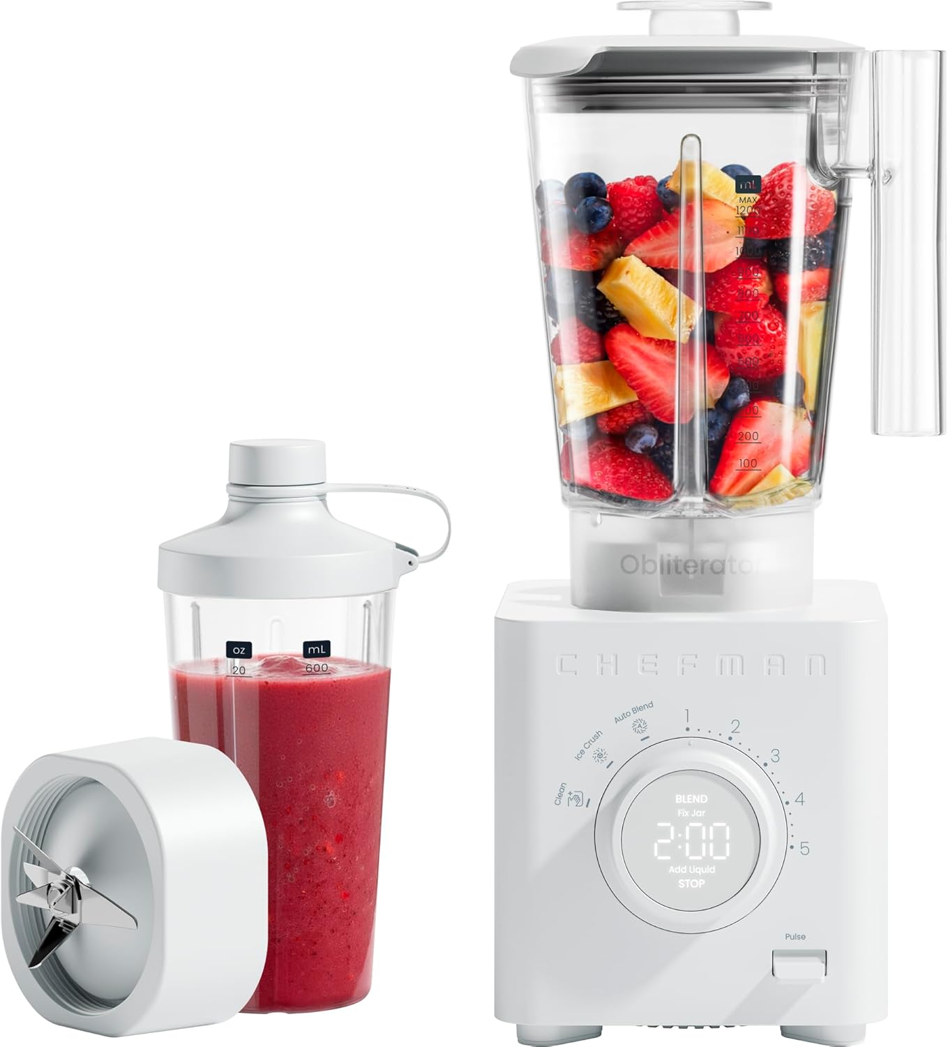 Chefman Obliterator 1,2-l-Mixer für Smoothies, 1350-W-Motor zum Zerkleinern von Eis, Nüssen und gefrorenen Früchten mit Edelstahlklinge, automatische Mischfunktion, inklusive 600-ml-Reisebehälter – Betongrau